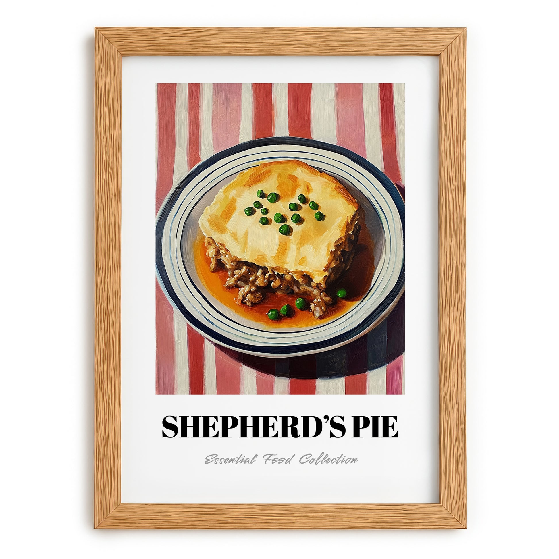 Shepherd’s Pie – on Striped Tablecloth, British Food Poster, set in oak frame