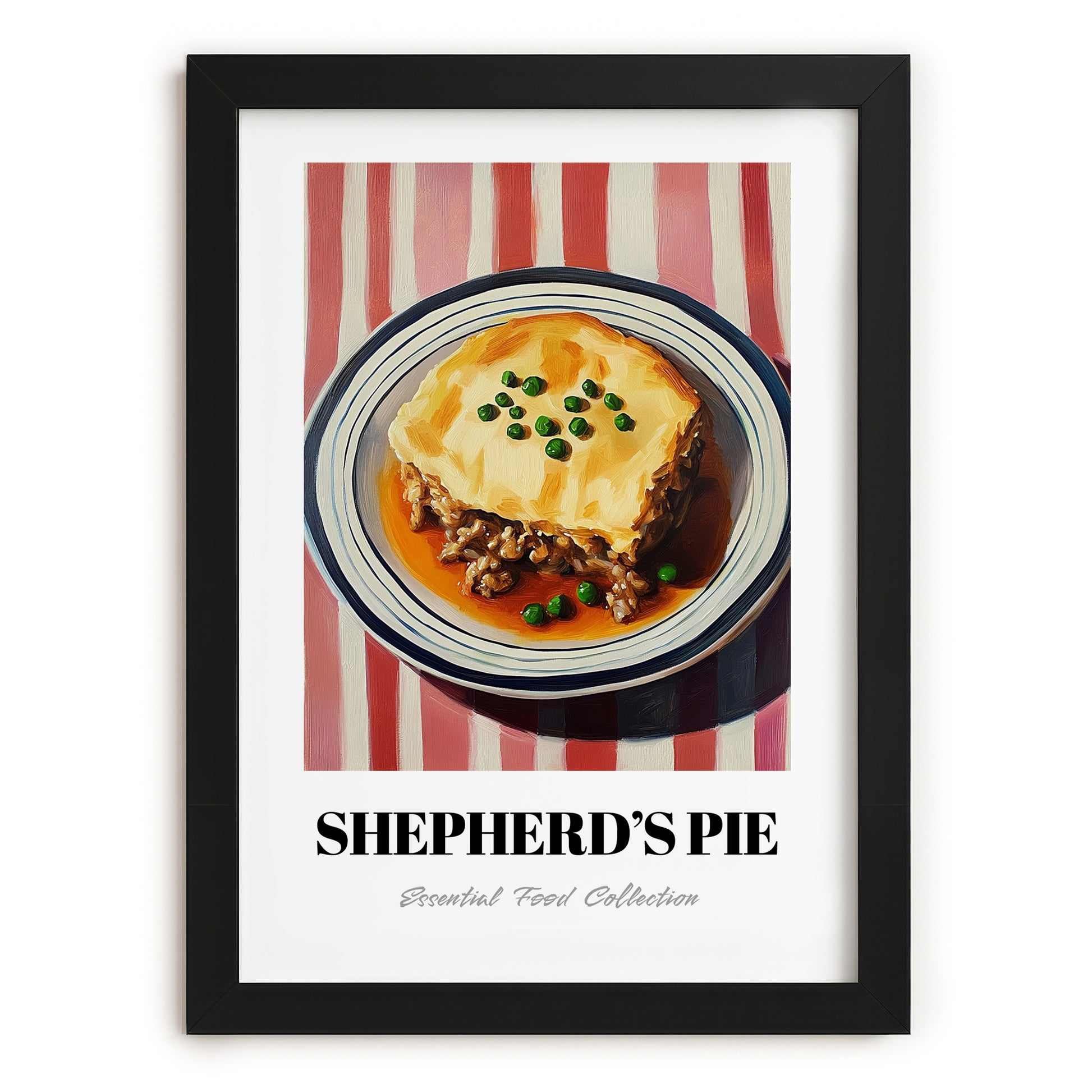 Shepherd’s Pie – on Striped Tablecloth, British Food Poster, in sleek black frame