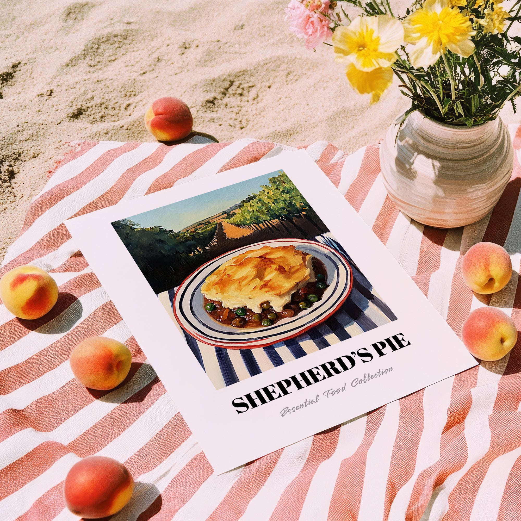 Shepherd’s Pie – Hillside Café View, British Food Painting, unframed on coastal sand