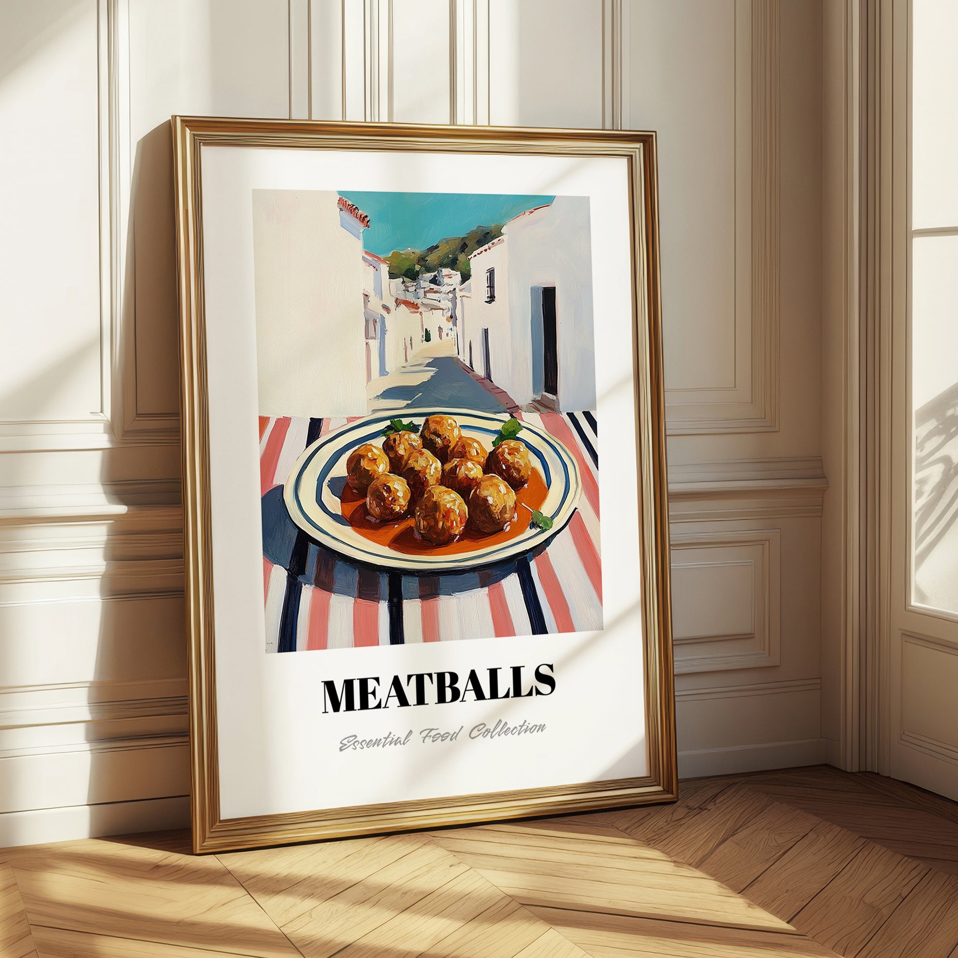 Meatballs – White village Street Café Scene, Italian Food Wall Art