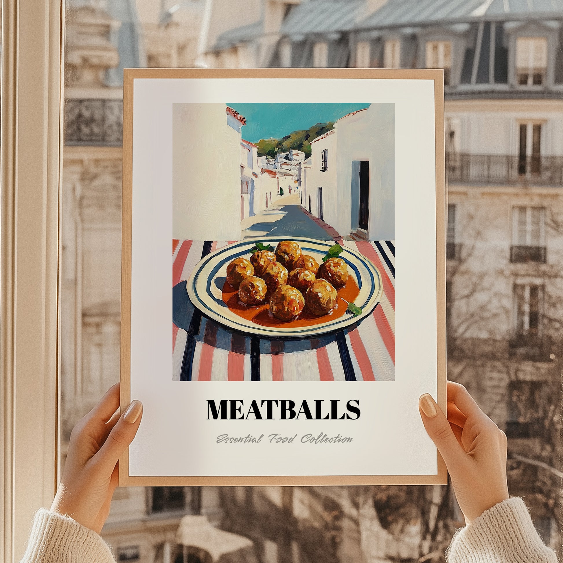Meatballs – White village Street Café Scene, Italian Food Wall Art, styled in a charming Paris street view