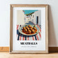 Meatballs – White village Street Café Scene, Italian Food Wall Art, in wooden frame leaning on the floor