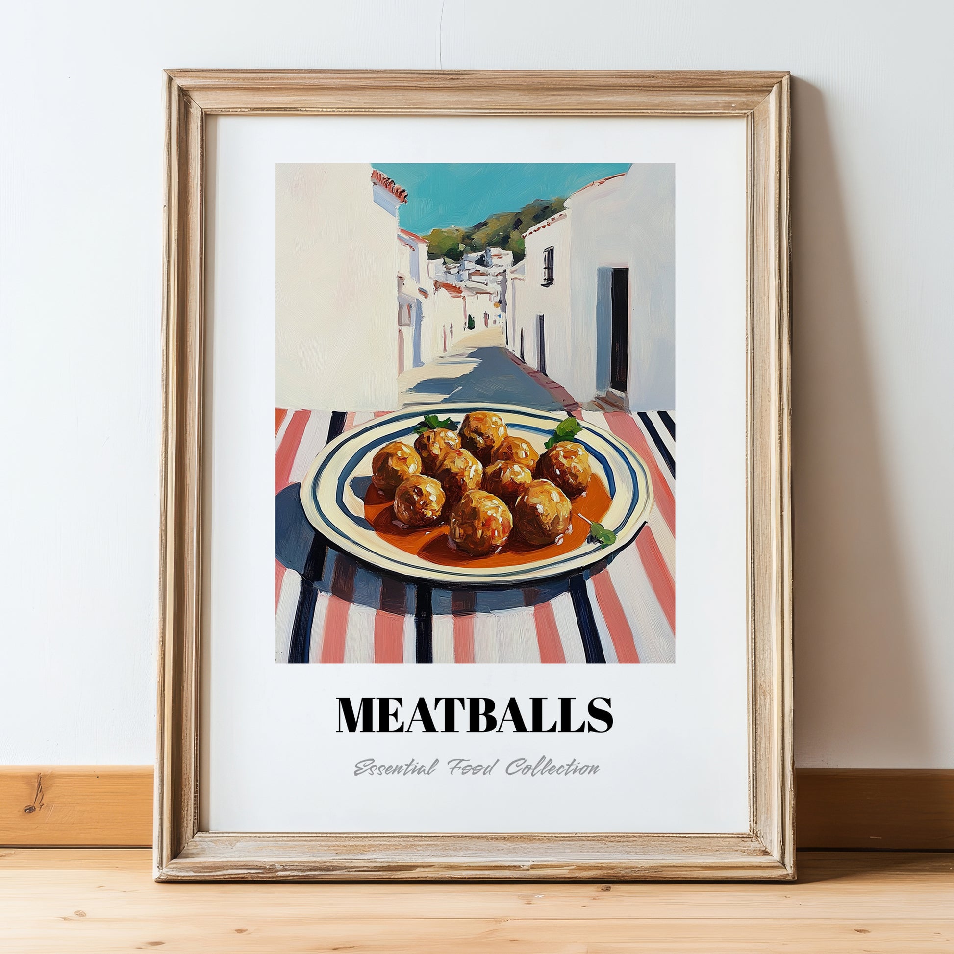 Meatballs – White village Street Café Scene, Italian Food Wall Art, in wooden frame leaning on the floor