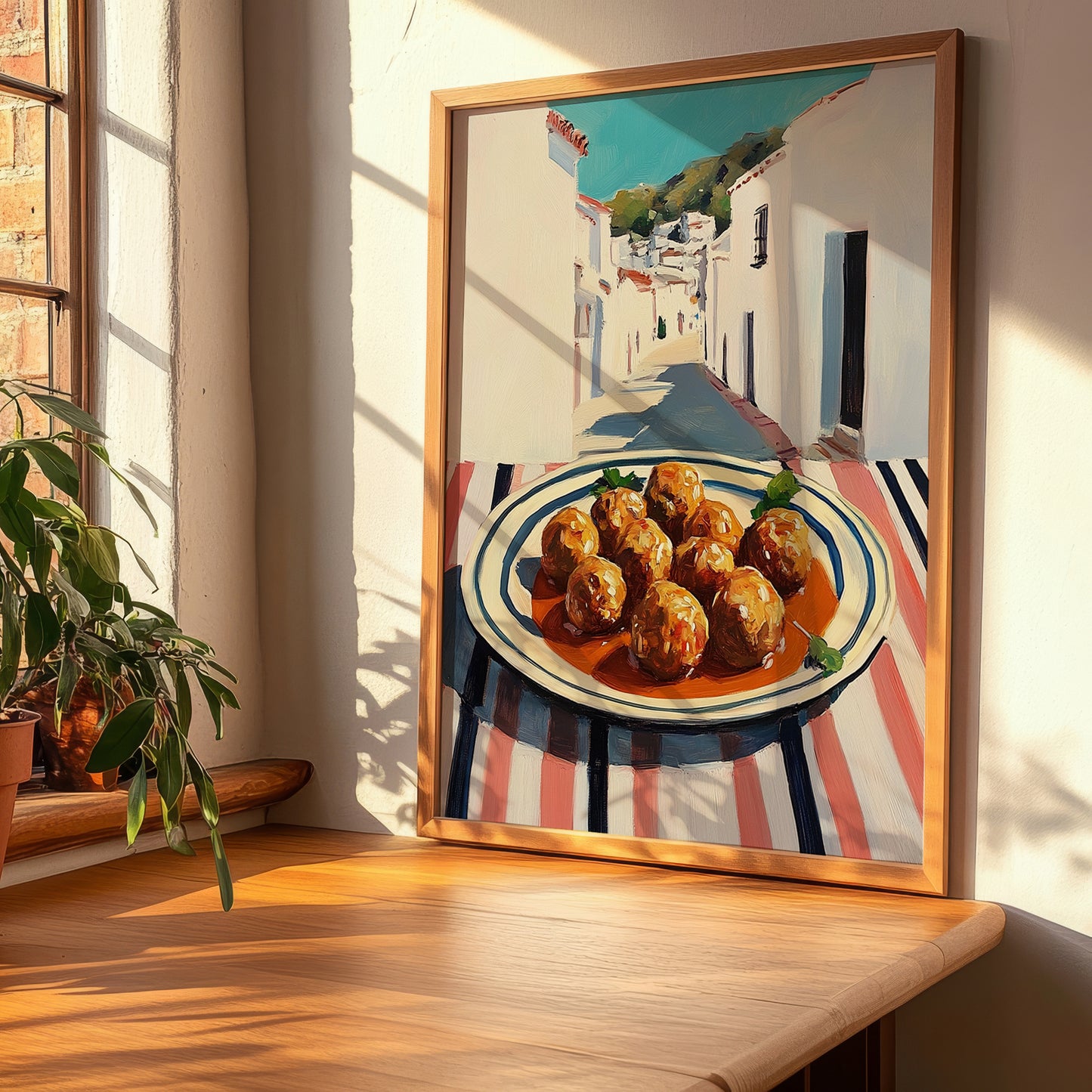 Meatballs – White village Street Café Scene, Italian Food Wall Art, clean layout with no caption