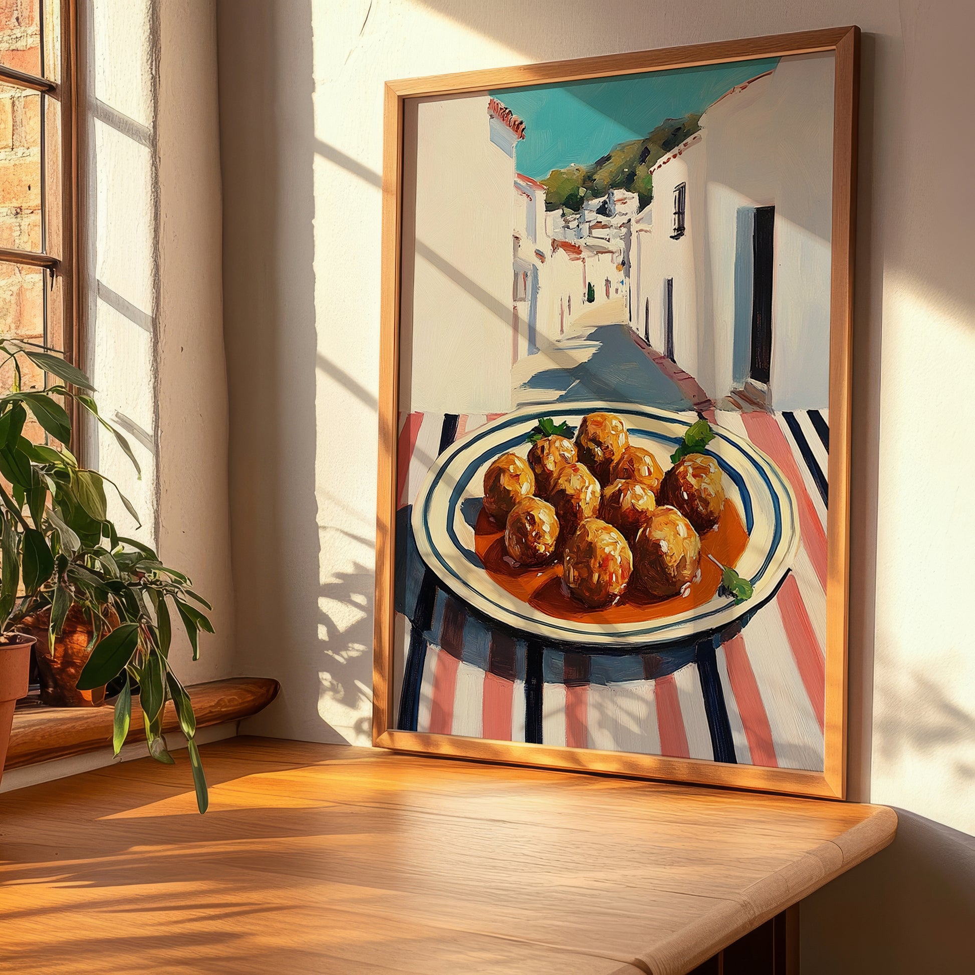 Meatballs – White village Street Café Scene, Italian Food Wall Art, clean layout with no caption