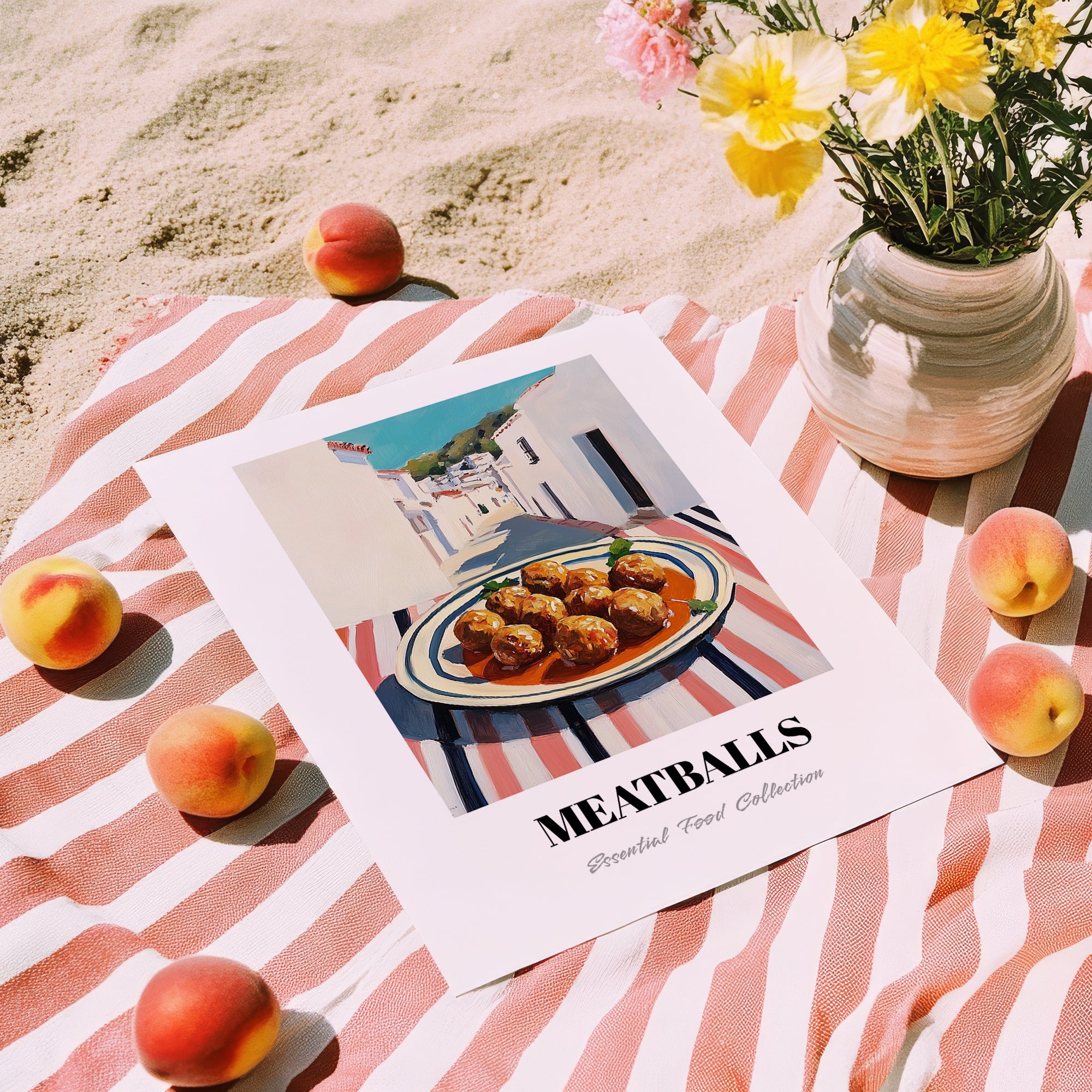 Meatballs – White village Street Café Scene, Italian Food Wall Art, unframed on coastal sand