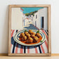 Meatballs – White village Street Café Scene, Italian Food Wall Art, no-text version framed in wood