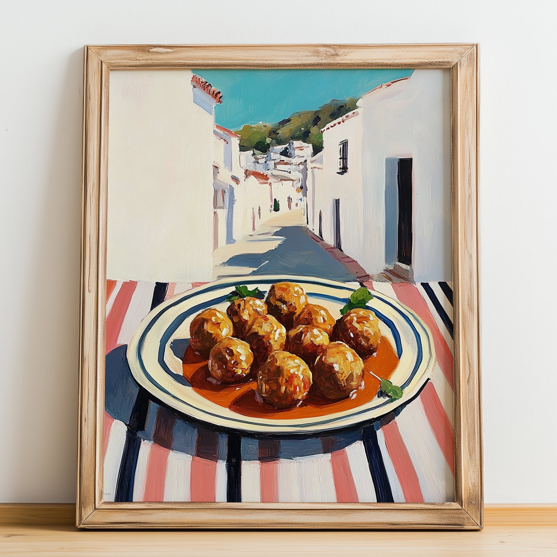Meatballs – White village Street Café Scene, Italian Food Wall Art, no-text version framed in wood
