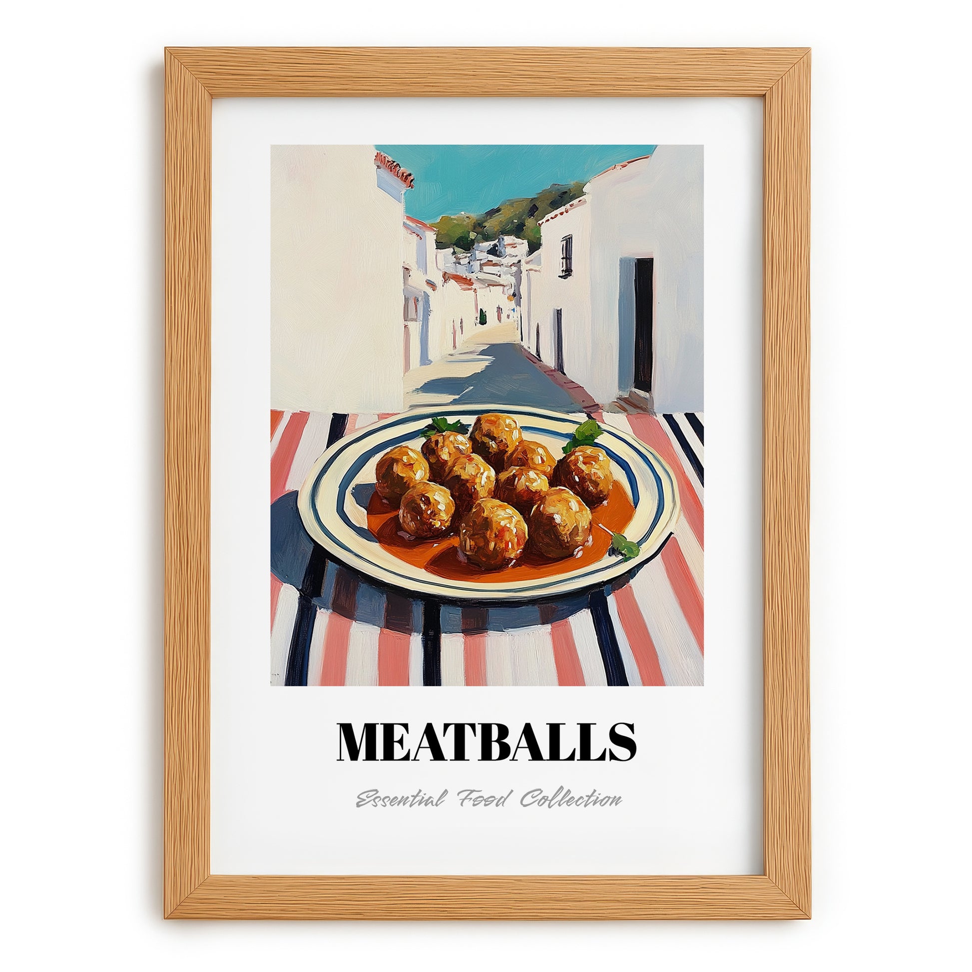Meatballs – White village Street Café Scene, Italian Food Wall Art, set in oak frame