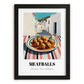 Meatballs – White village Street Café Scene, Italian Food Wall Art, in sleek black frame
