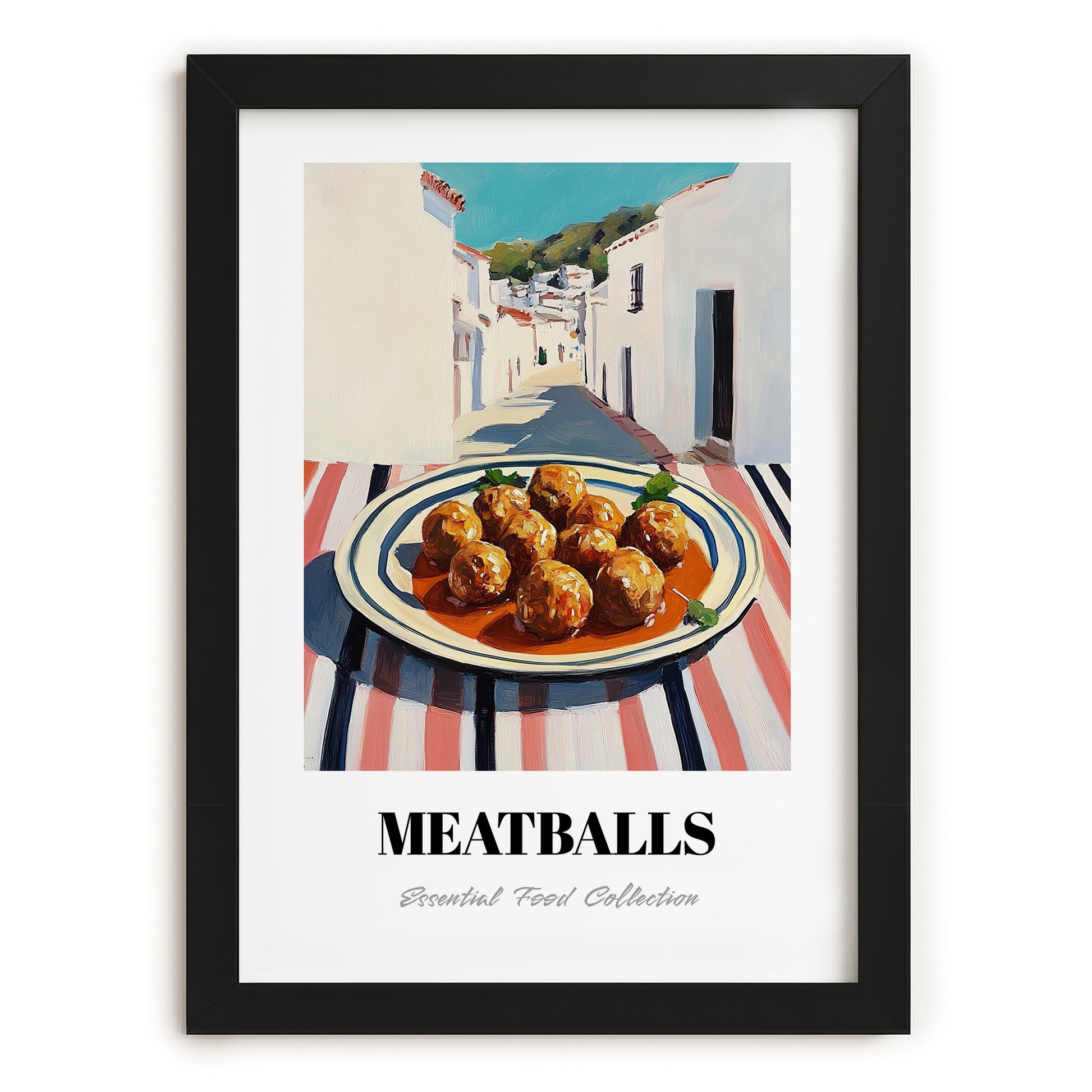 Meatballs – White village Street Café Scene, Italian Food Wall Art, in sleek black frame