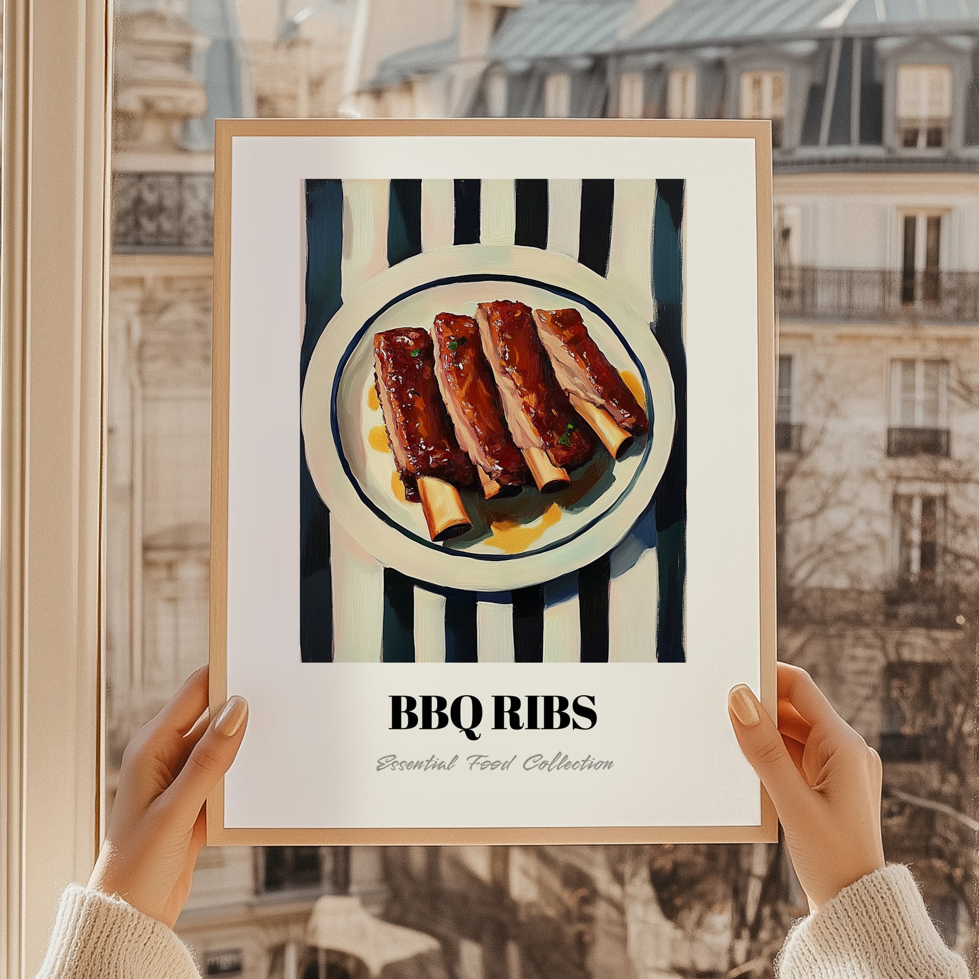 BBQ Ribs – on Striped Tablecloth, American Bbq Still Life, styled in a charming Paris street view