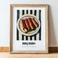 BBQ Ribs – on Striped Tablecloth, American Bbq Still Life, in wooden frame leaning on the floor