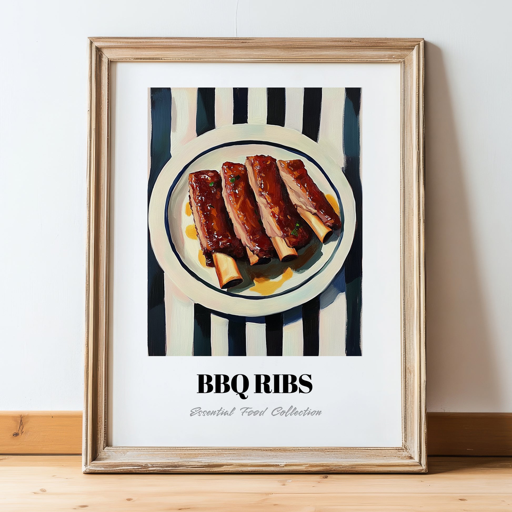 BBQ Ribs – on Striped Tablecloth, American Bbq Still Life, in wooden frame leaning on the floor