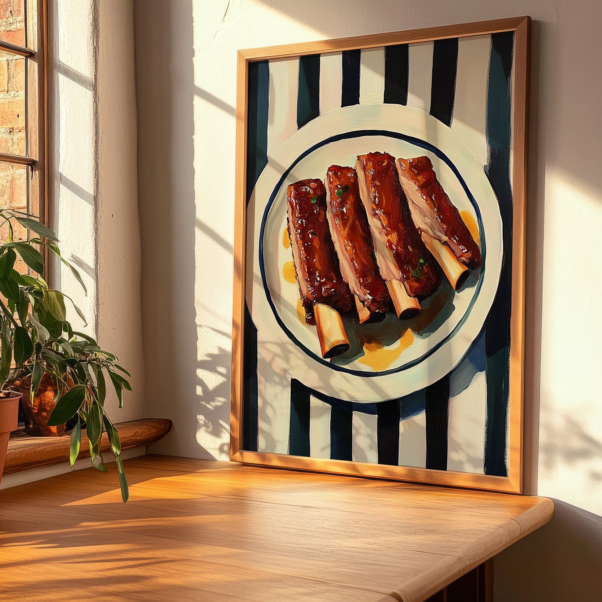 BBQ Ribs – on Striped Tablecloth, American Bbq Still Life, clean layout with no caption