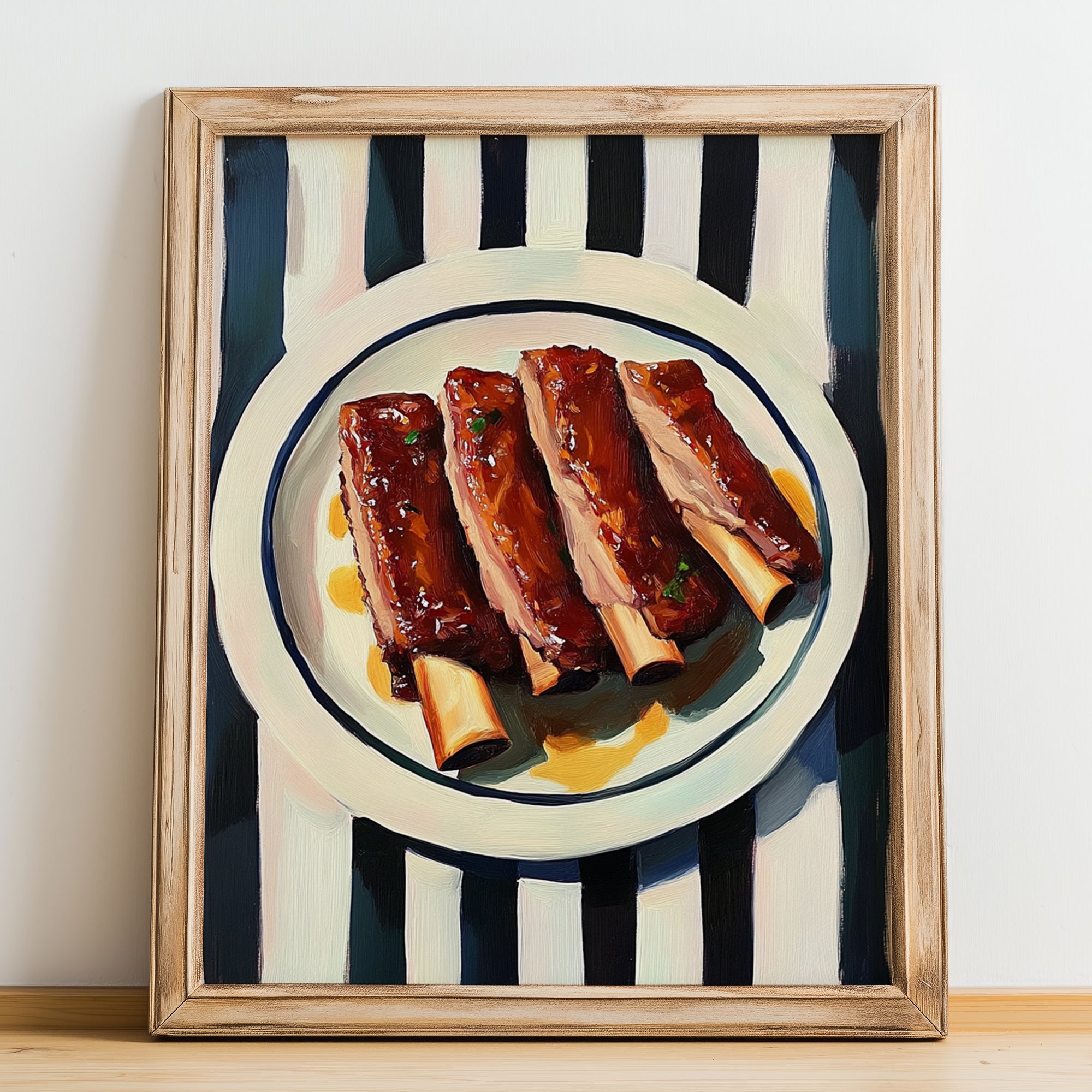 BBQ Ribs – on Striped Tablecloth, American Bbq Still Life, no-text version framed in wood