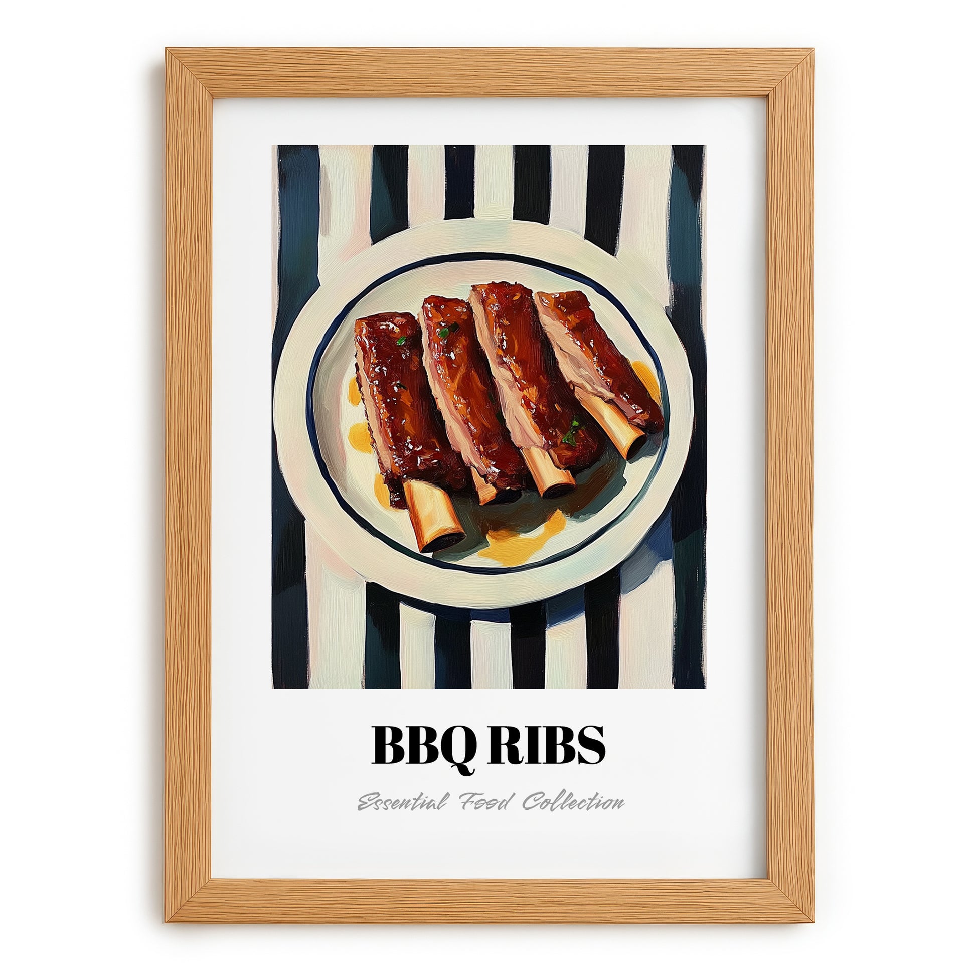 BBQ Ribs – on Striped Tablecloth, American Bbq Still Life, set in oak frame