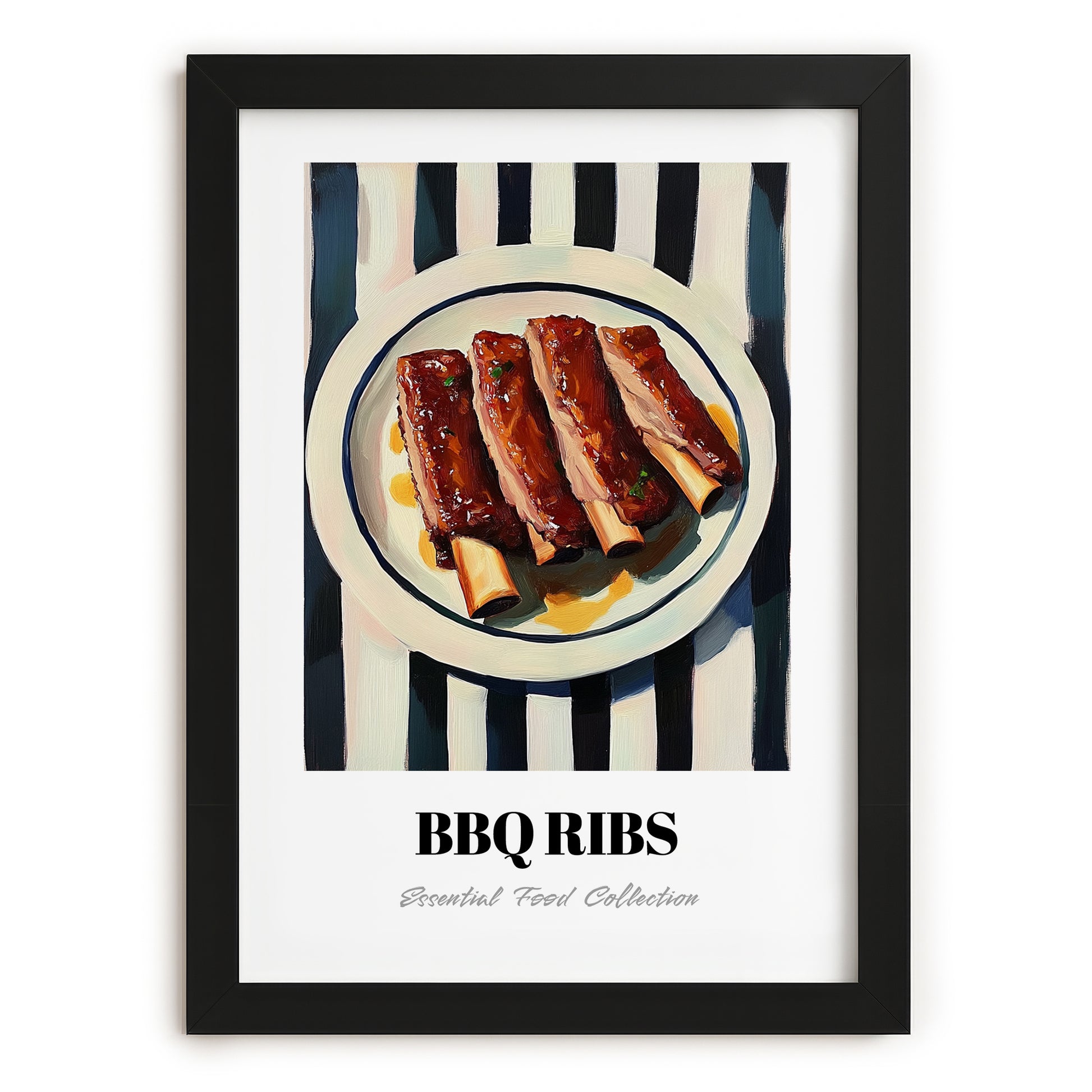 BBQ Ribs – on Striped Tablecloth, American Bbq Still Life, in sleek black frame