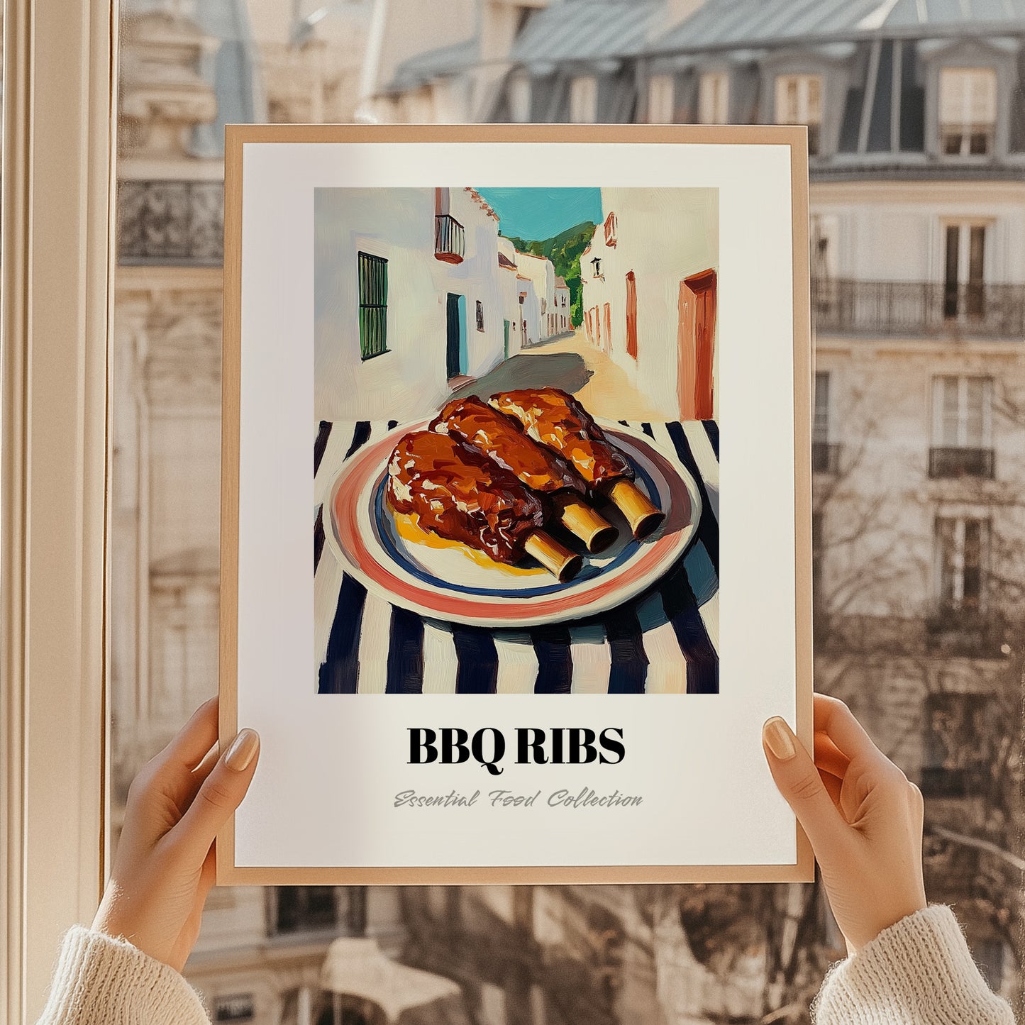 BBQ Ribs – White village Outdoor Café Scene, American Bbq Painting, styled in a charming Paris street view