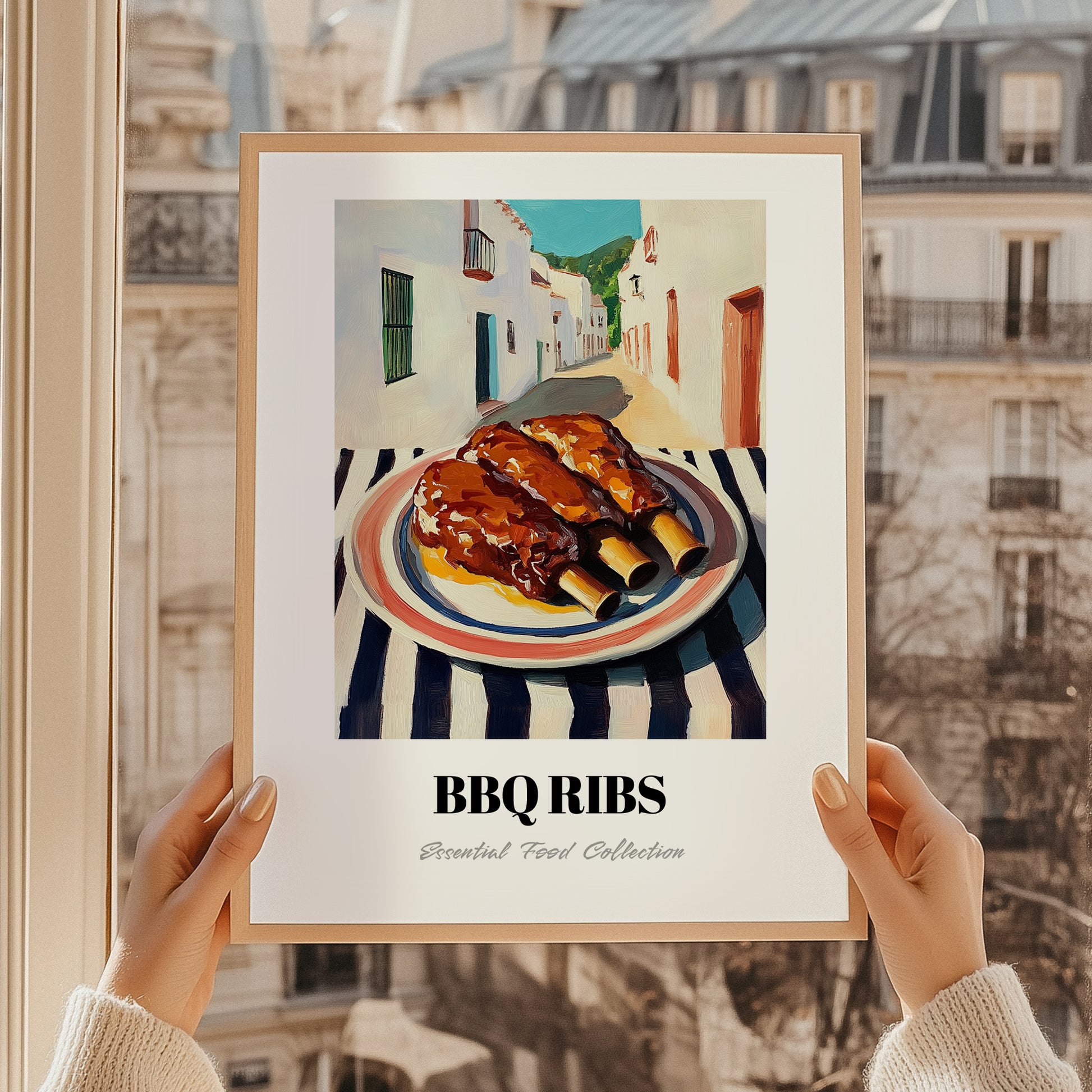 BBQ Ribs – White village Outdoor Café Scene, American Bbq Painting, styled in a charming Paris street view