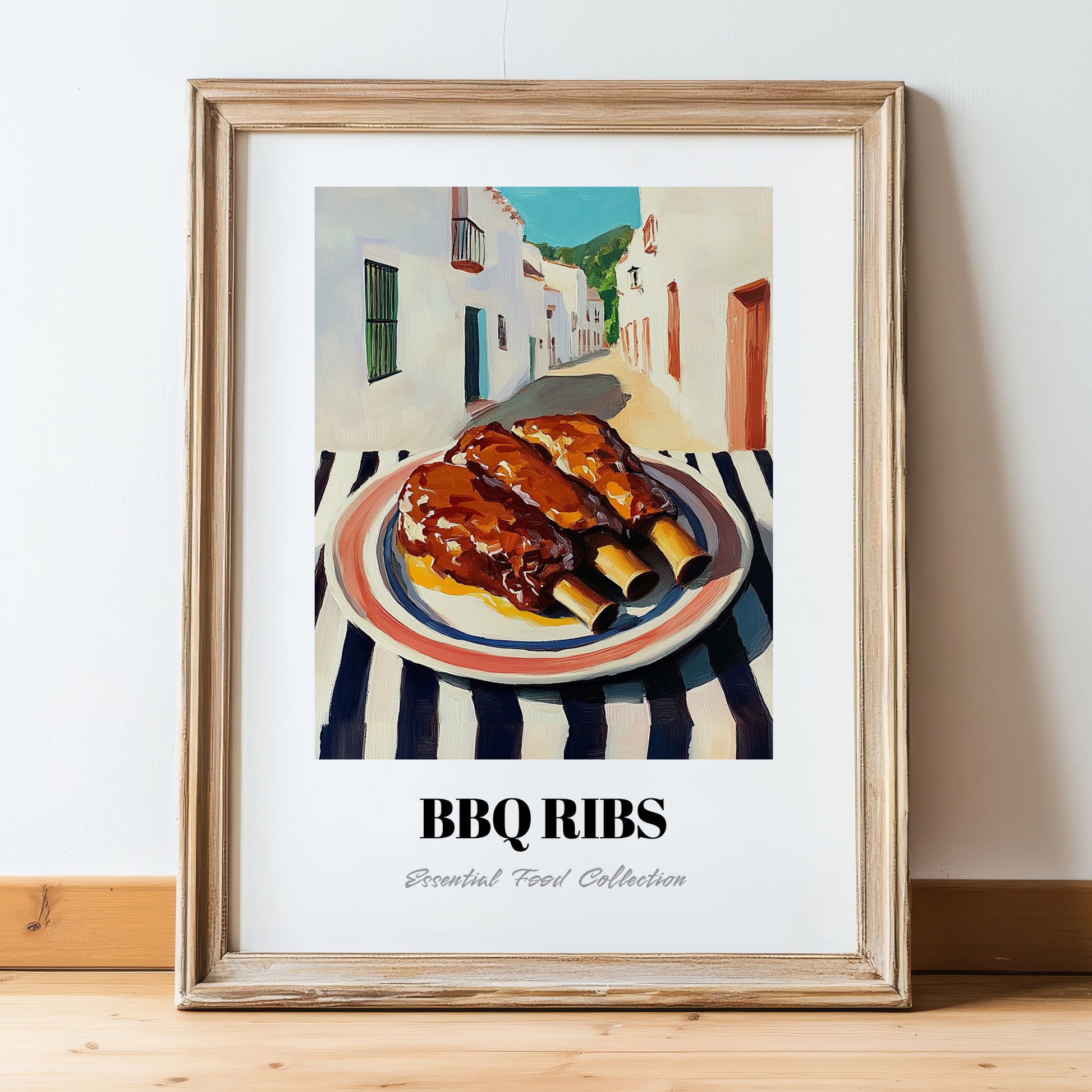 BBQ Ribs – White village Outdoor Café Scene, American Bbq Painting, in wooden frame leaning on the floor