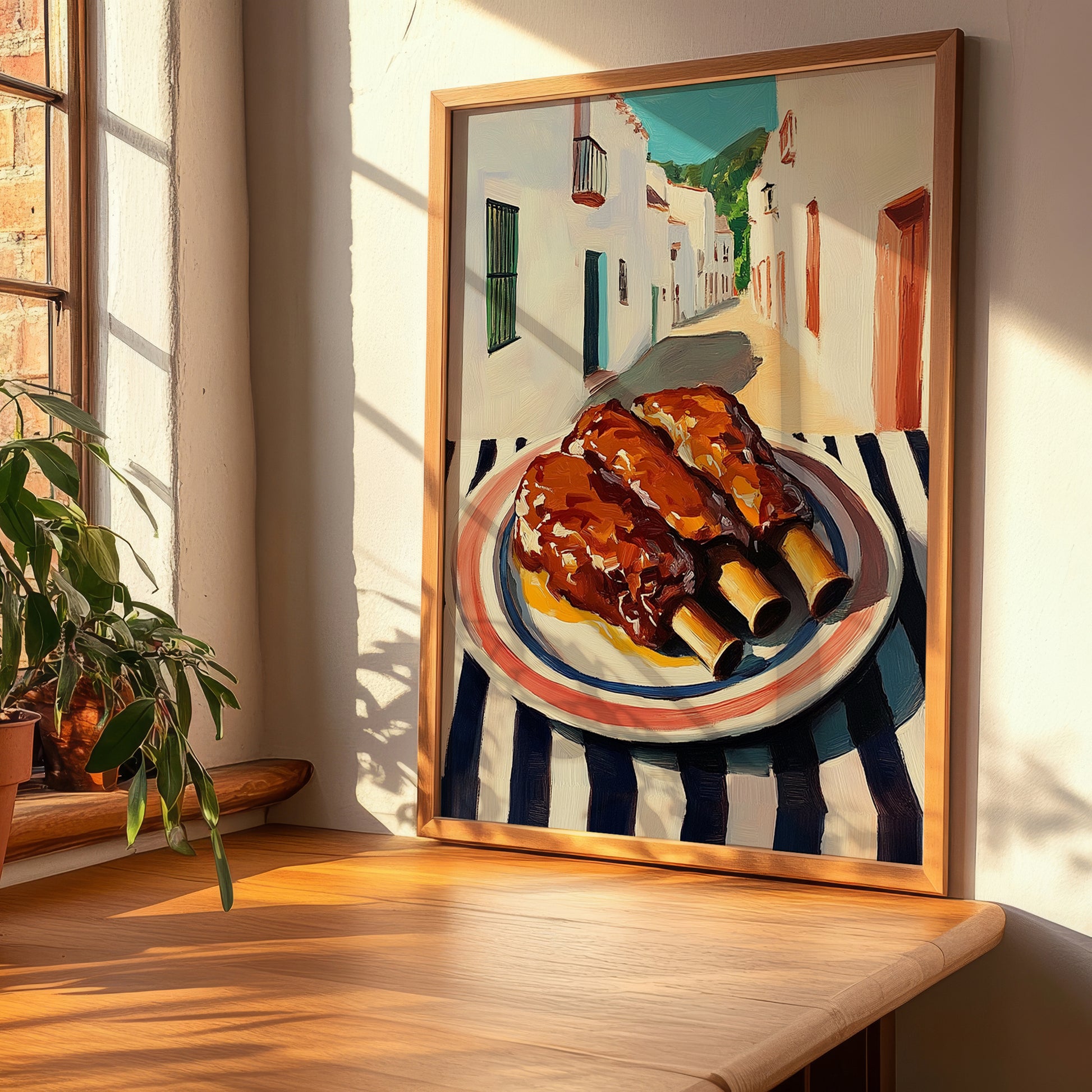 BBQ Ribs – White village Outdoor Café Scene, American Bbq Painting, clean layout with no caption
