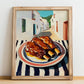 BBQ Ribs – White village Outdoor Café Scene, American Bbq Painting, no-text version framed in wood