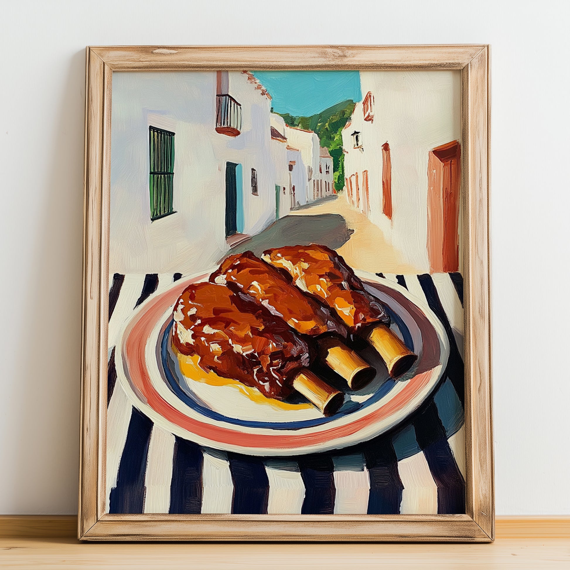 BBQ Ribs – White village Outdoor Café Scene, American Bbq Painting, no-text version framed in wood