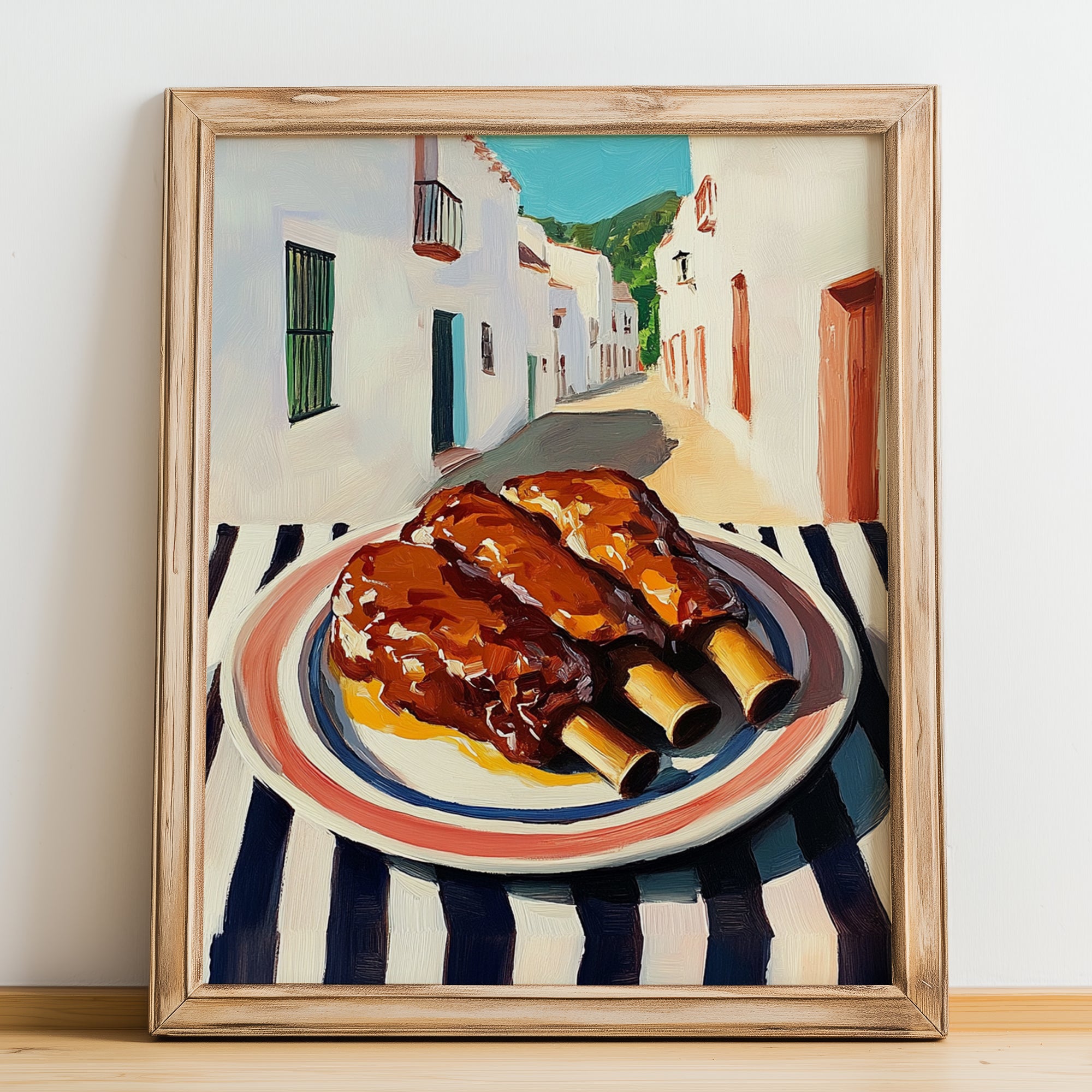 BBQ Ribs – White village Outdoor Café Scene, American Bbq Painting, no-text version framed in wood