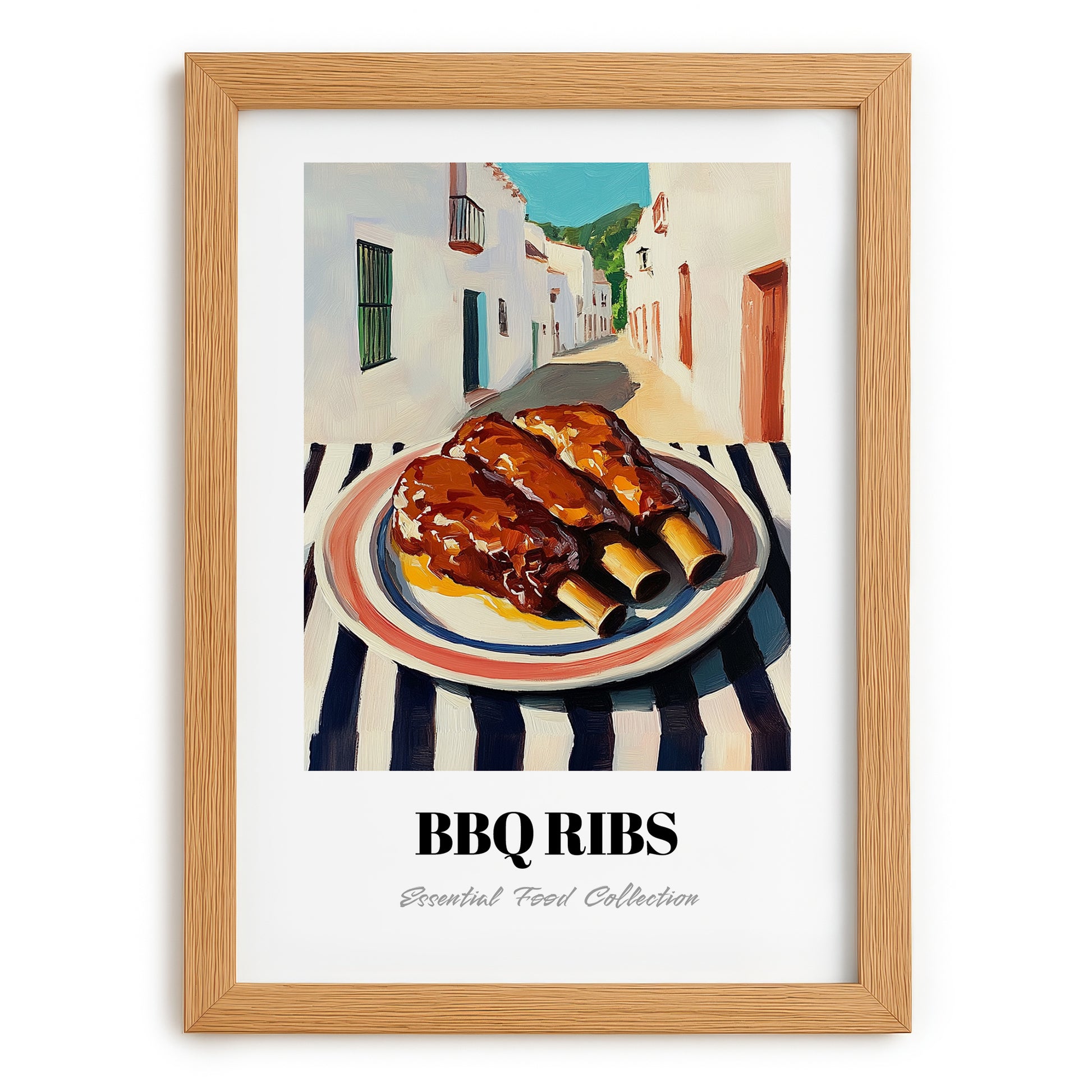 BBQ Ribs – White village Outdoor Café Scene, American Bbq Painting, set in oak frame
