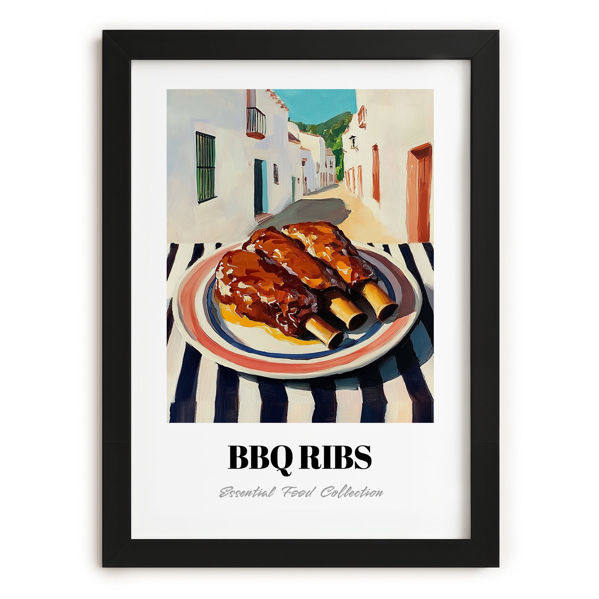 BBQ Ribs – White village Outdoor Café Scene, American Bbq Painting, in sleek black frame