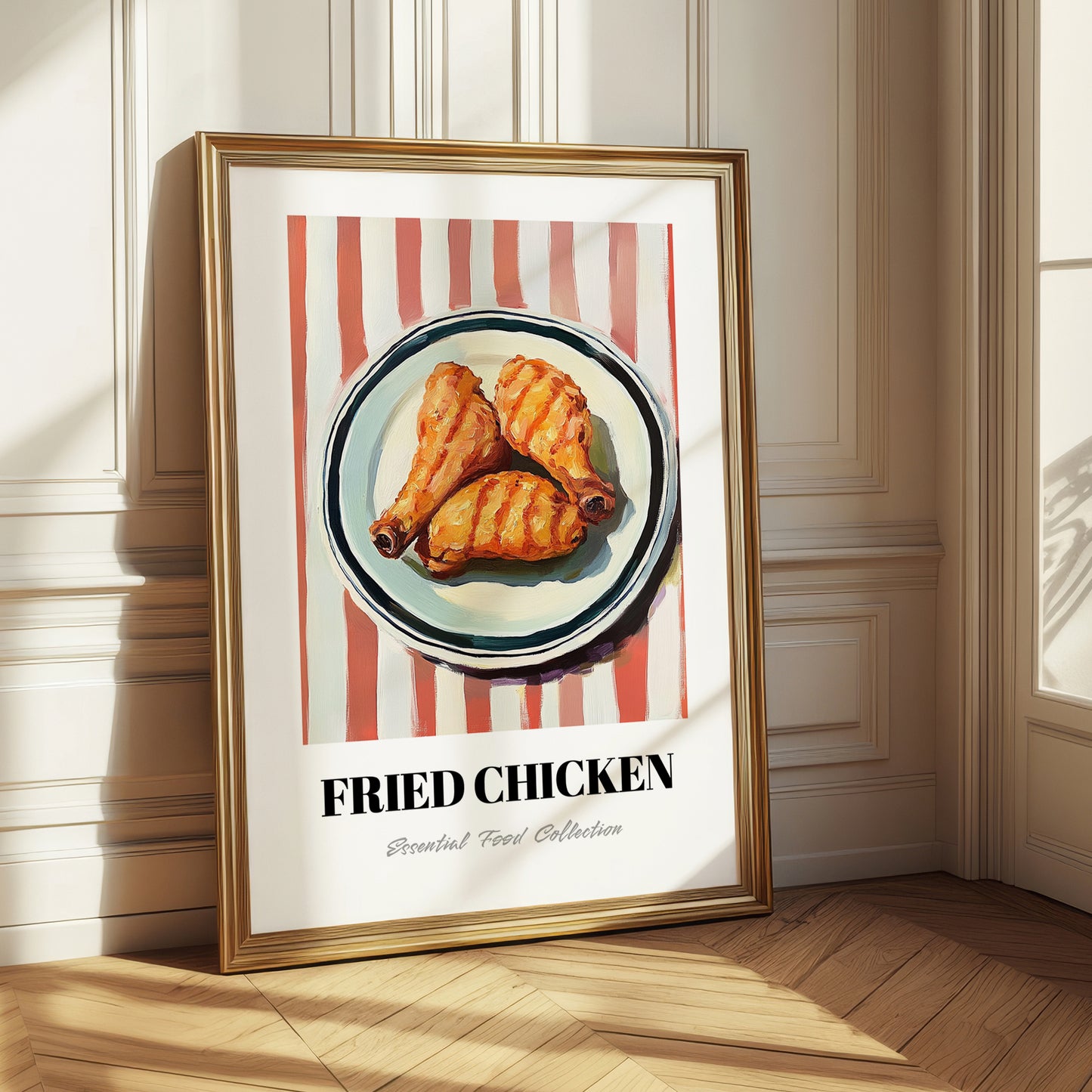 Fried Chicken – on Striped Tablecloth, American Food Still Life