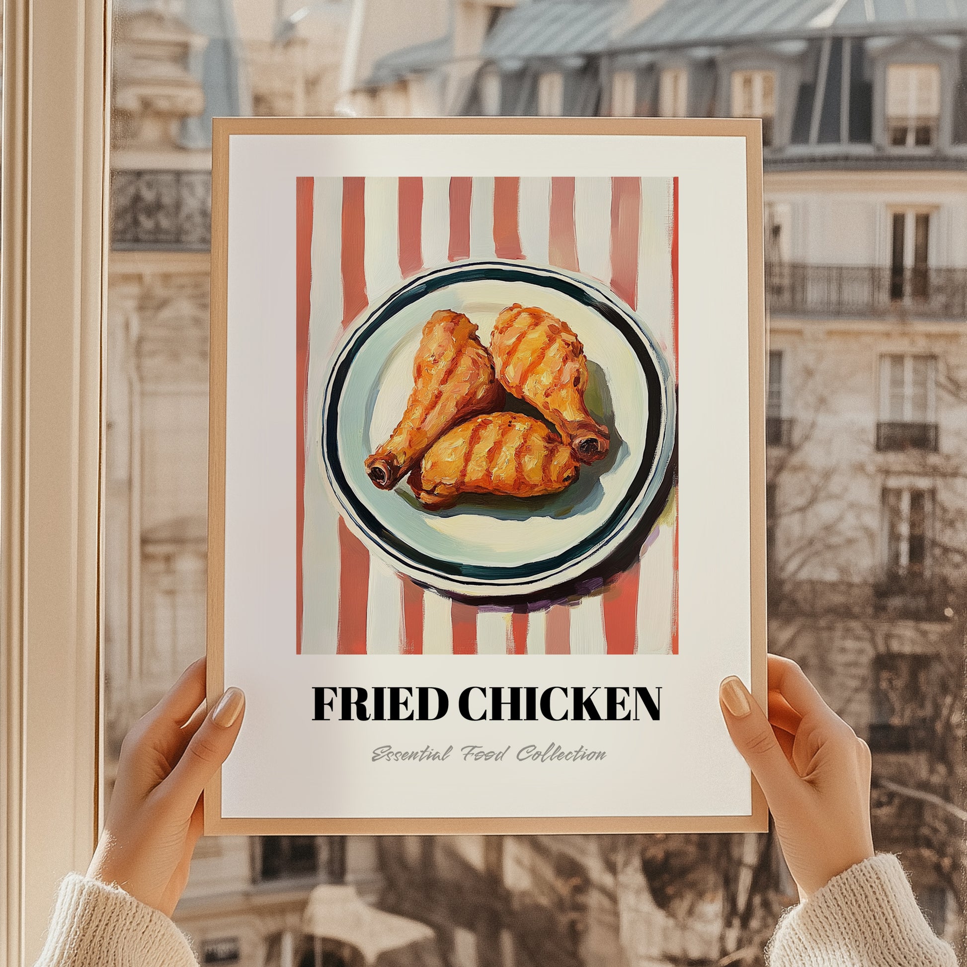 Fried Chicken – on Striped Tablecloth, American Food Still Life, styled in a charming Paris street view