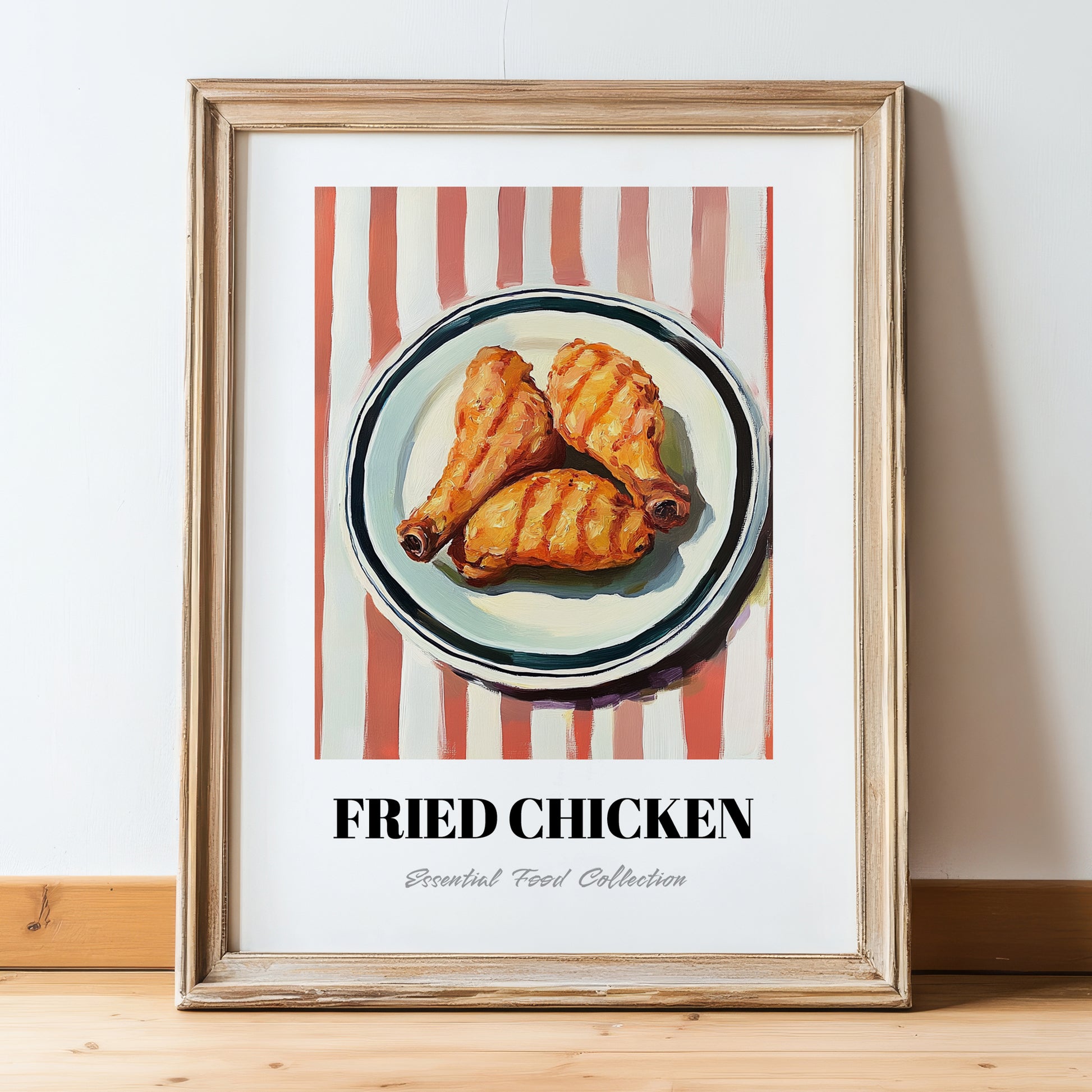Fried Chicken – on Striped Tablecloth, American Food Still Life, in wooden frame leaning on the floor