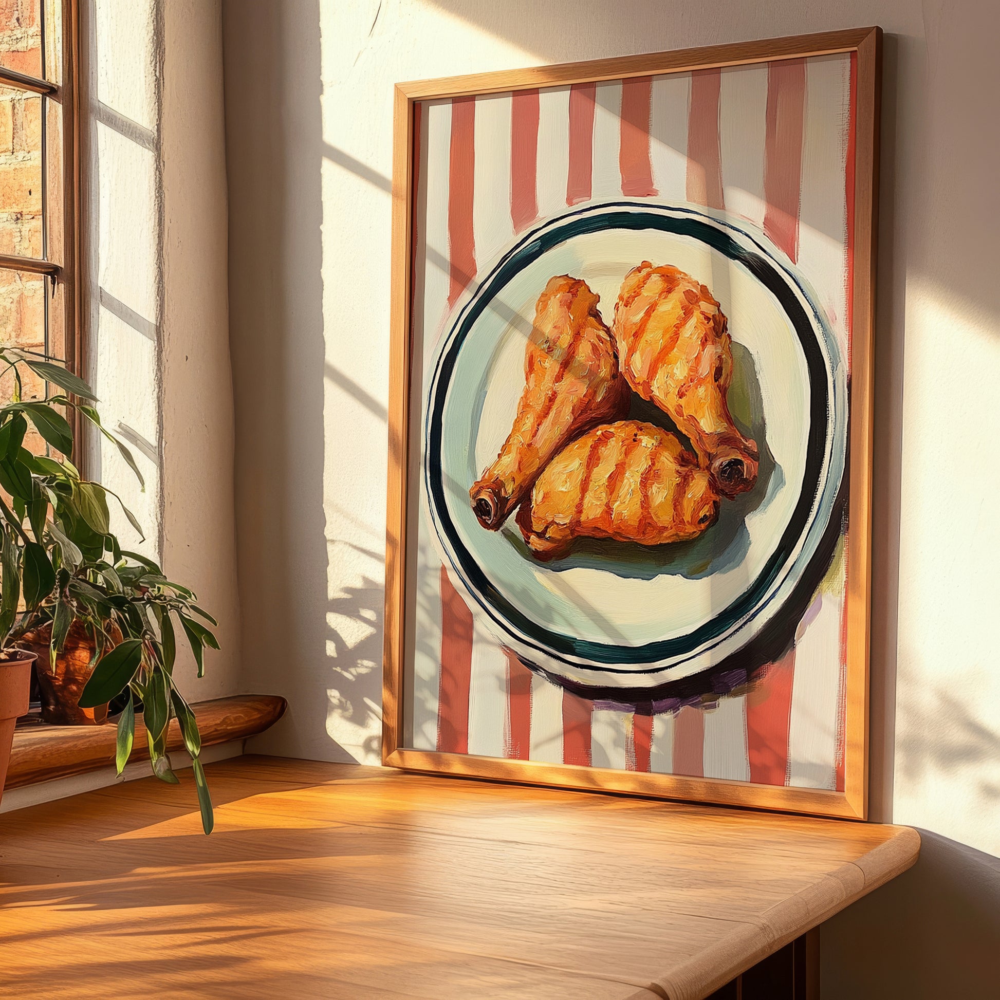 Fried Chicken – on Striped Tablecloth, American Food Still Life, clean layout with no caption