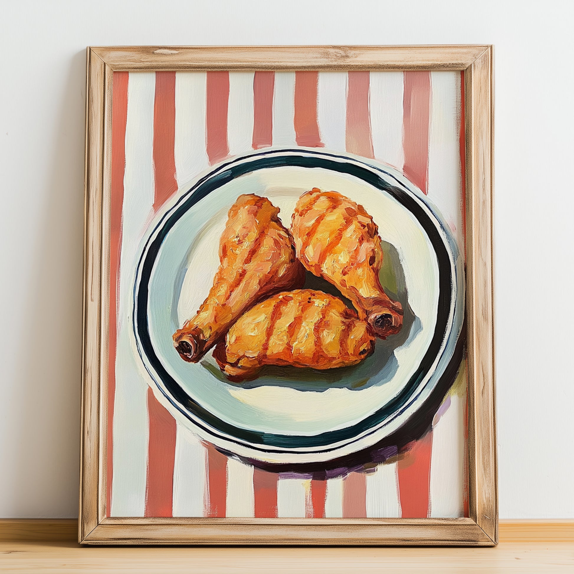 Fried Chicken – on Striped Tablecloth, American Food Still Life, no-text version framed in wood