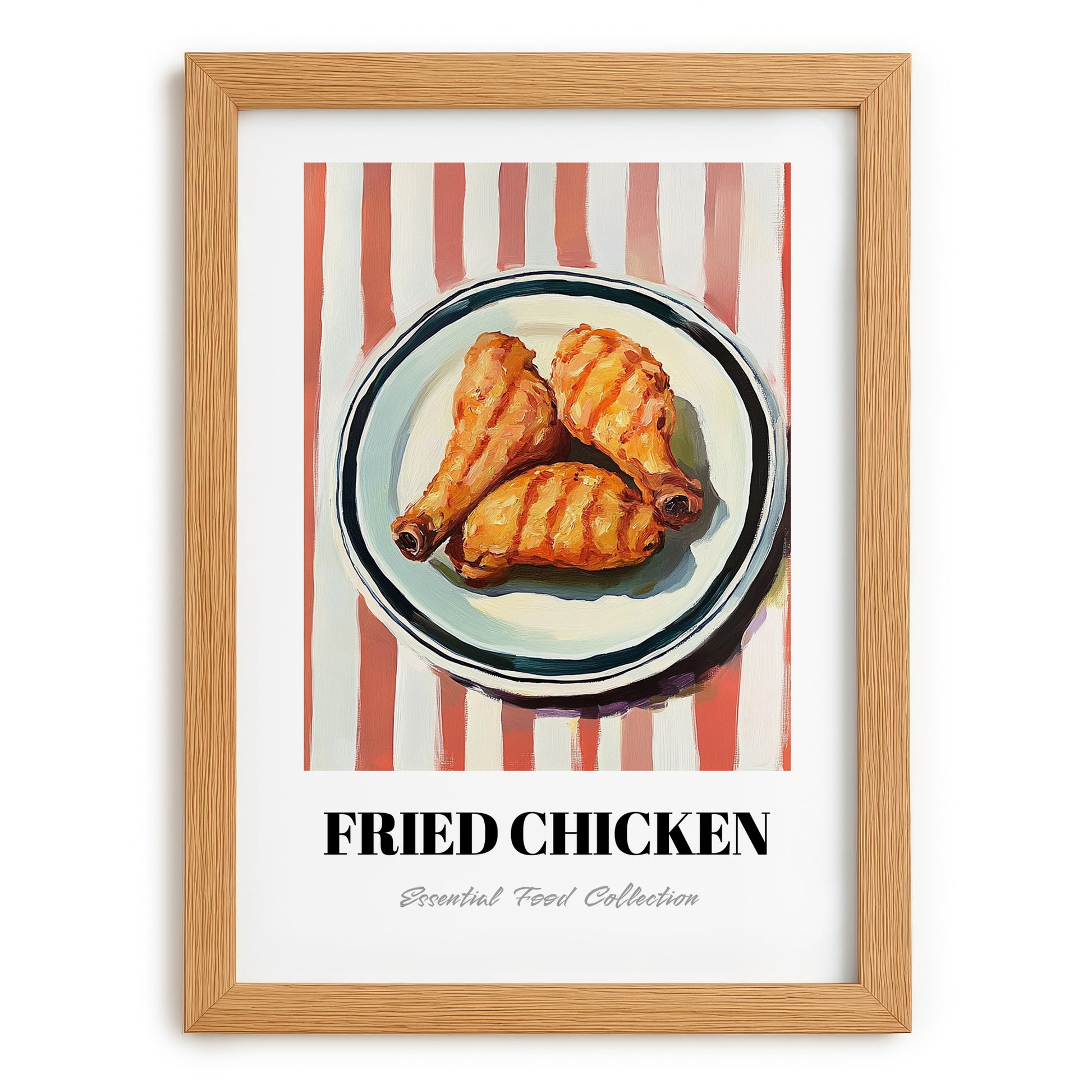 Fried Chicken – on Striped Tablecloth, American Food Still Life, set in oak frame