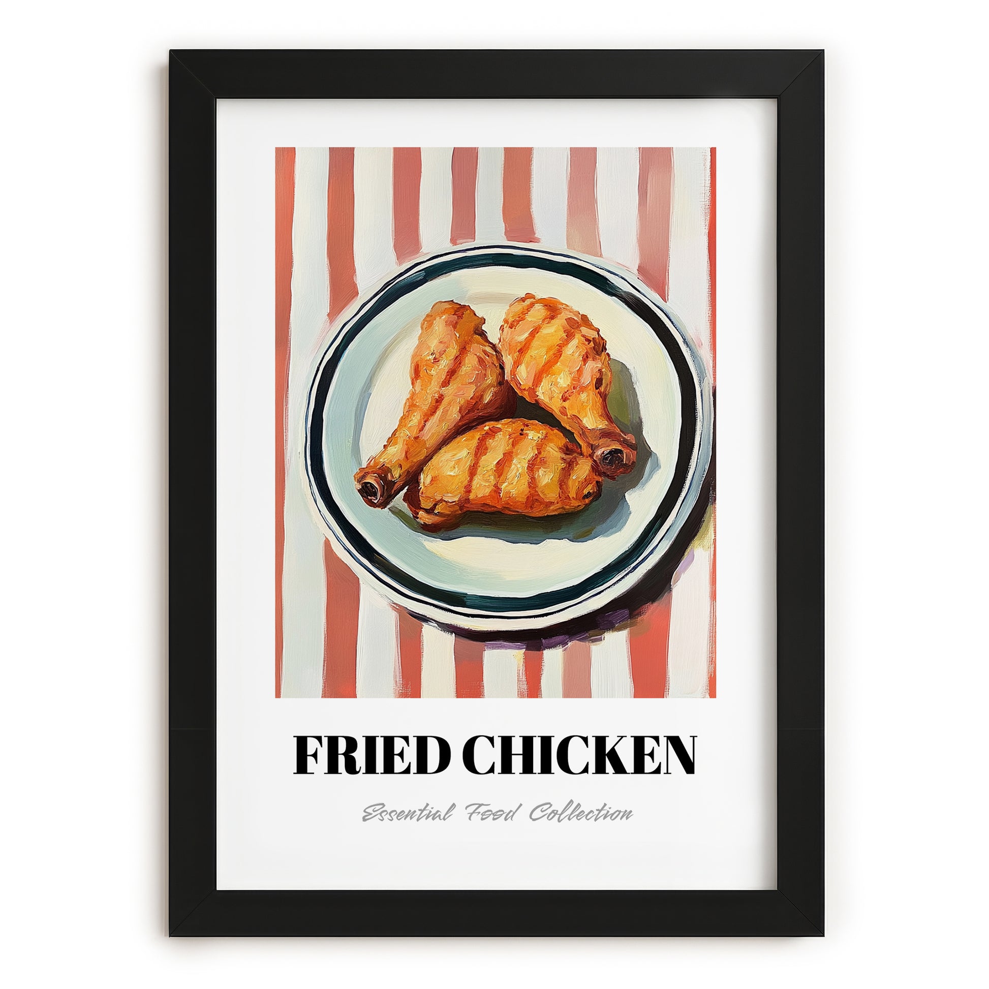 Fried Chicken – on Striped Tablecloth, American Food Still Life, in sleek black frame