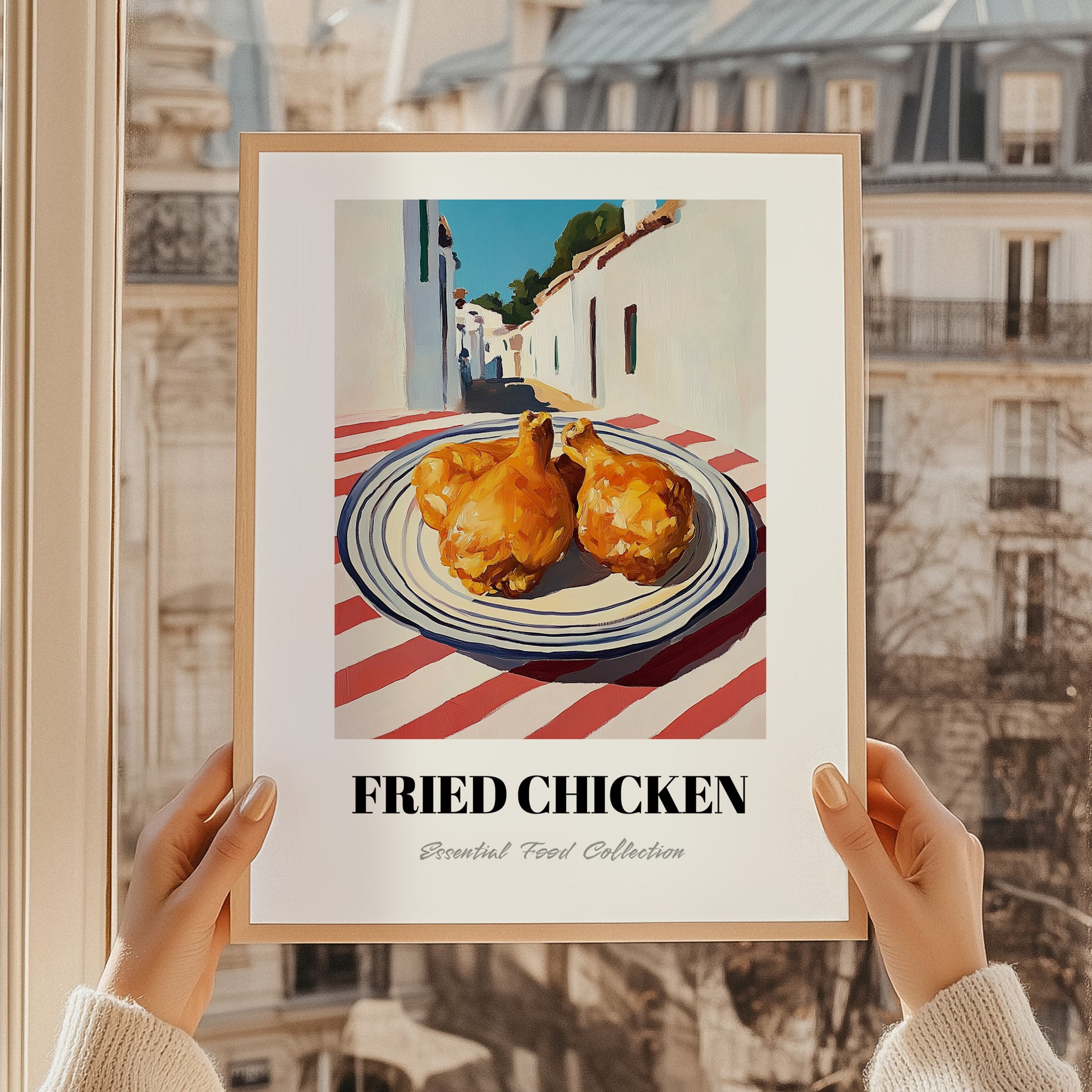 Fried Chicken – White village Urban Café Scene, American Food Poster, styled in a charming Paris street view