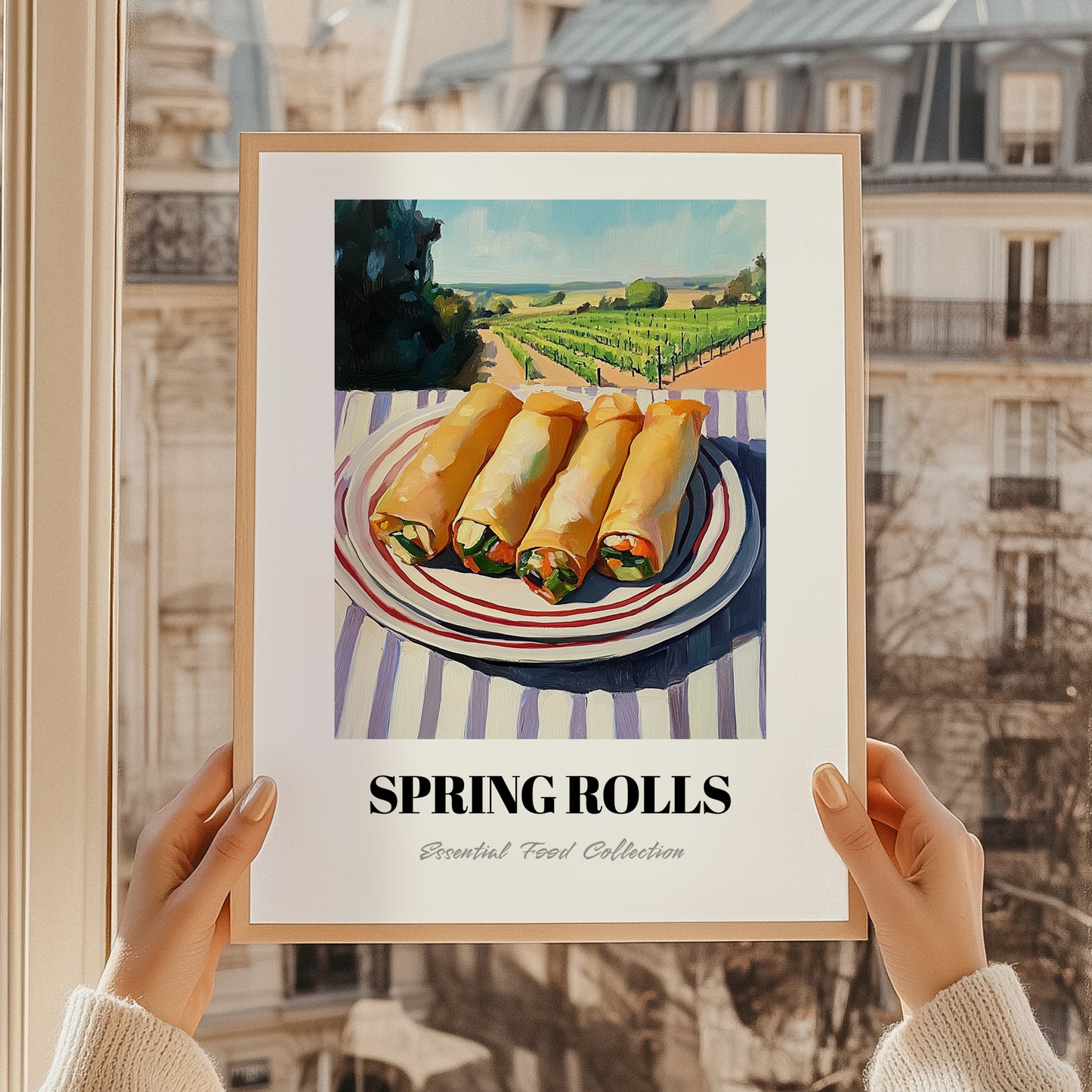 Spring Rolls – Hilltop Table Scene, Chinese Food Painting, styled in a charming Paris street view
