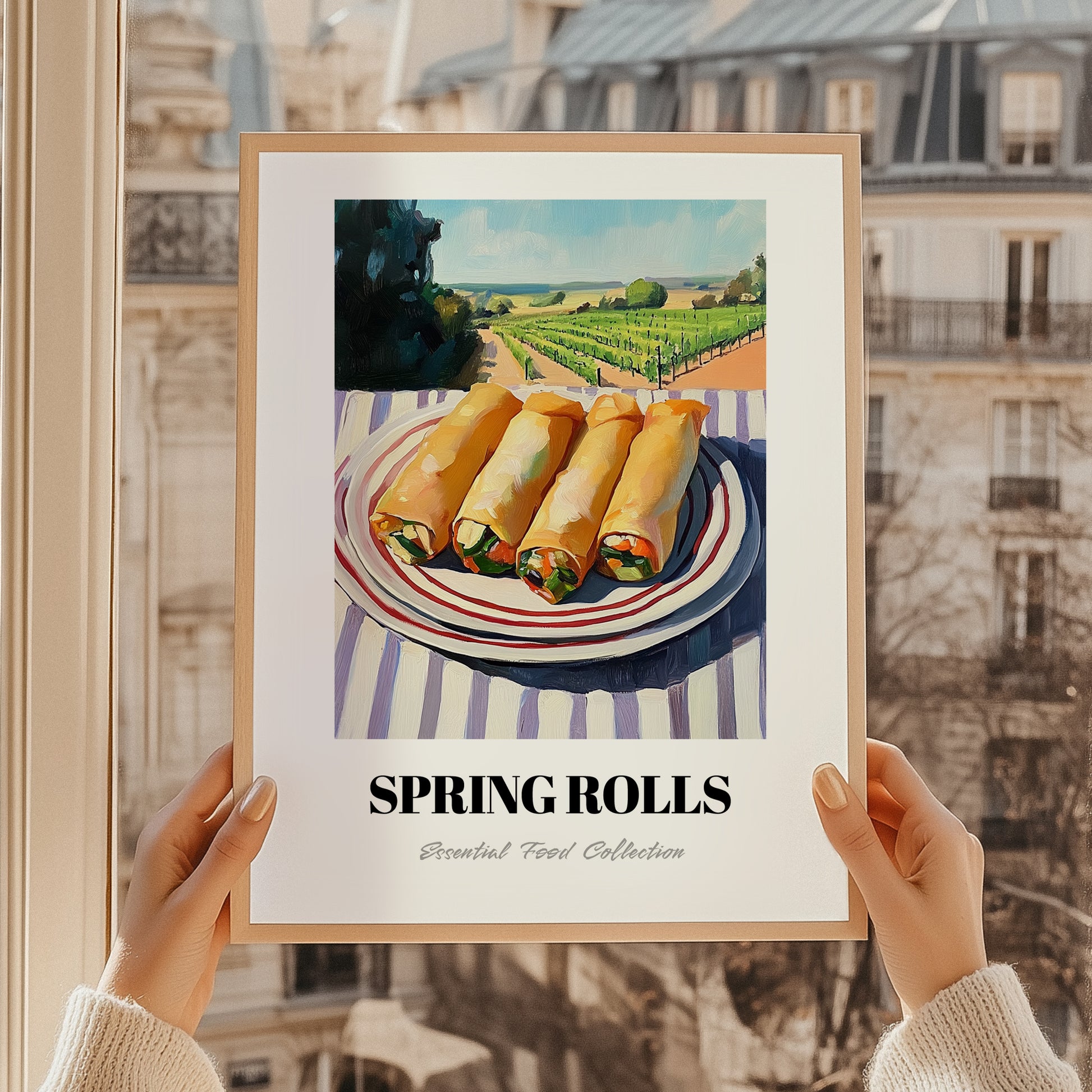 Spring Rolls – Hilltop Table Scene, Chinese Food Painting, styled in a charming Paris street view