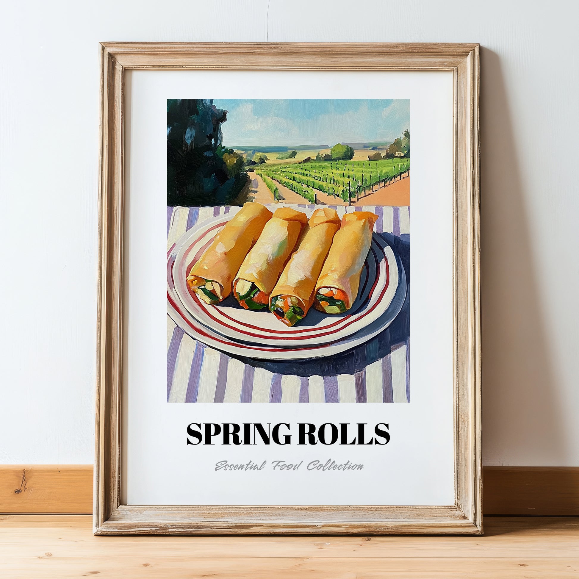Spring Rolls – Hilltop Table Scene, Chinese Food Painting, in wooden frame leaning on the floor