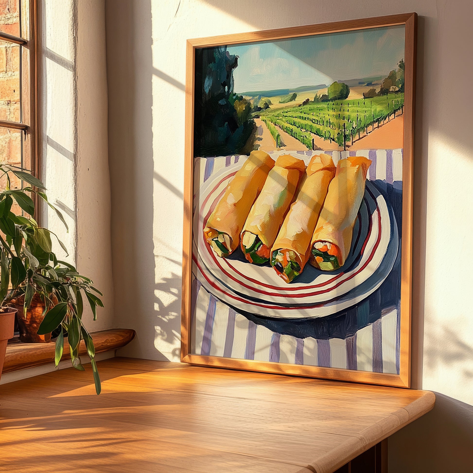 Spring Rolls – Hilltop Table Scene, Chinese Food Painting, clean layout with no caption
