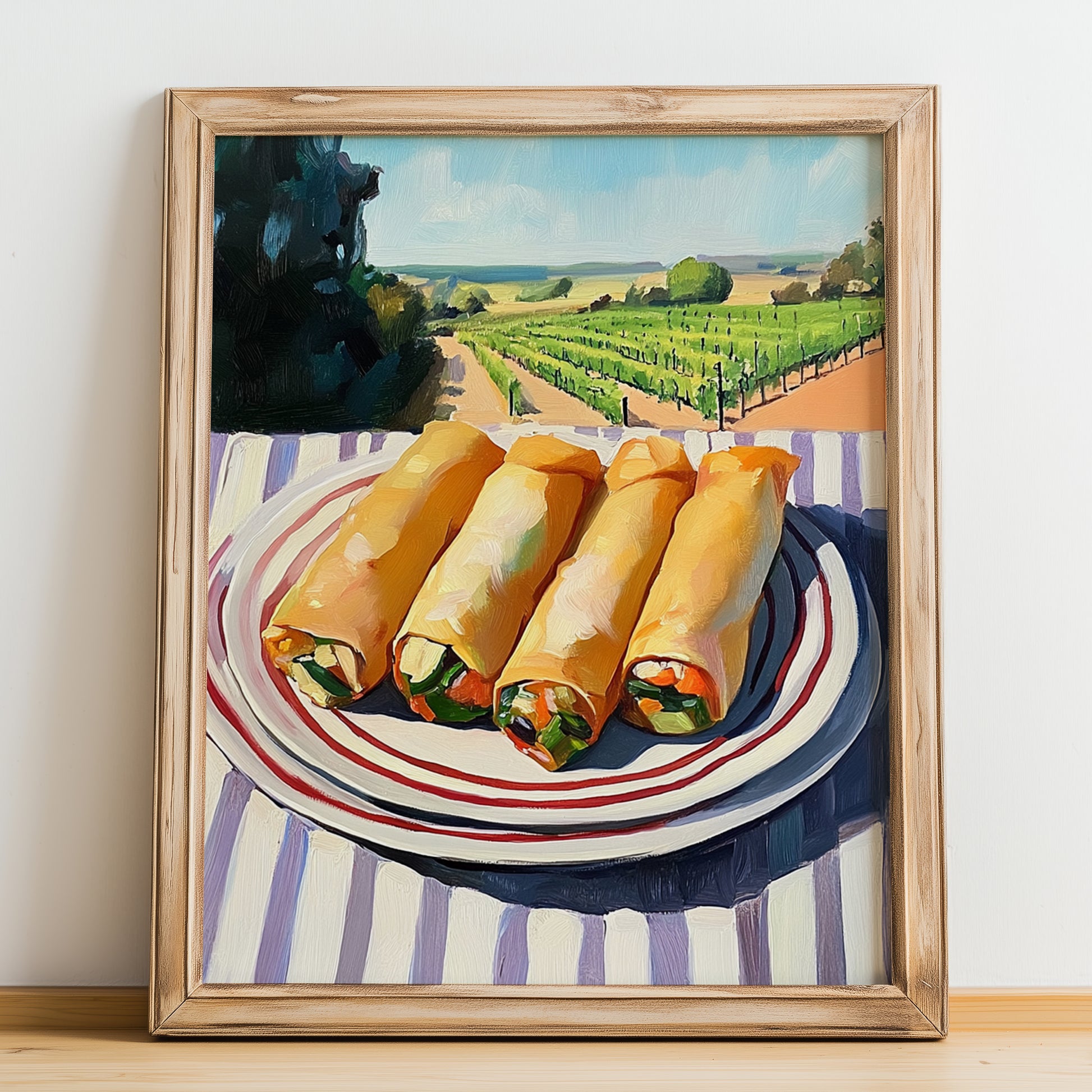 Spring Rolls – Hilltop Table Scene, Chinese Food Painting, no-text version framed in wood