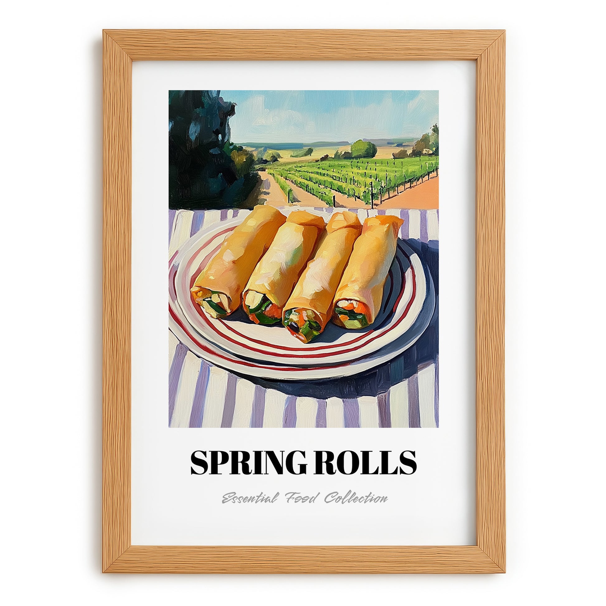 Spring Rolls – Hilltop Table Scene, Chinese Food Painting, set in oak frame