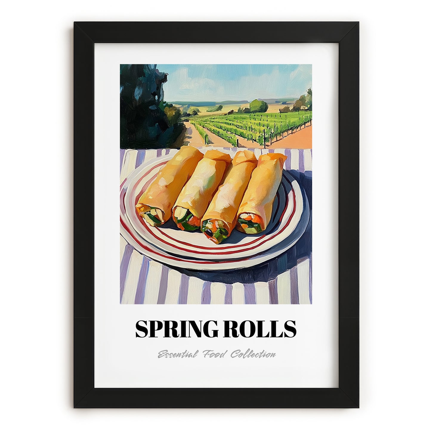 Spring Rolls – Hilltop Table Scene, Chinese Food Painting, in sleek black frame
