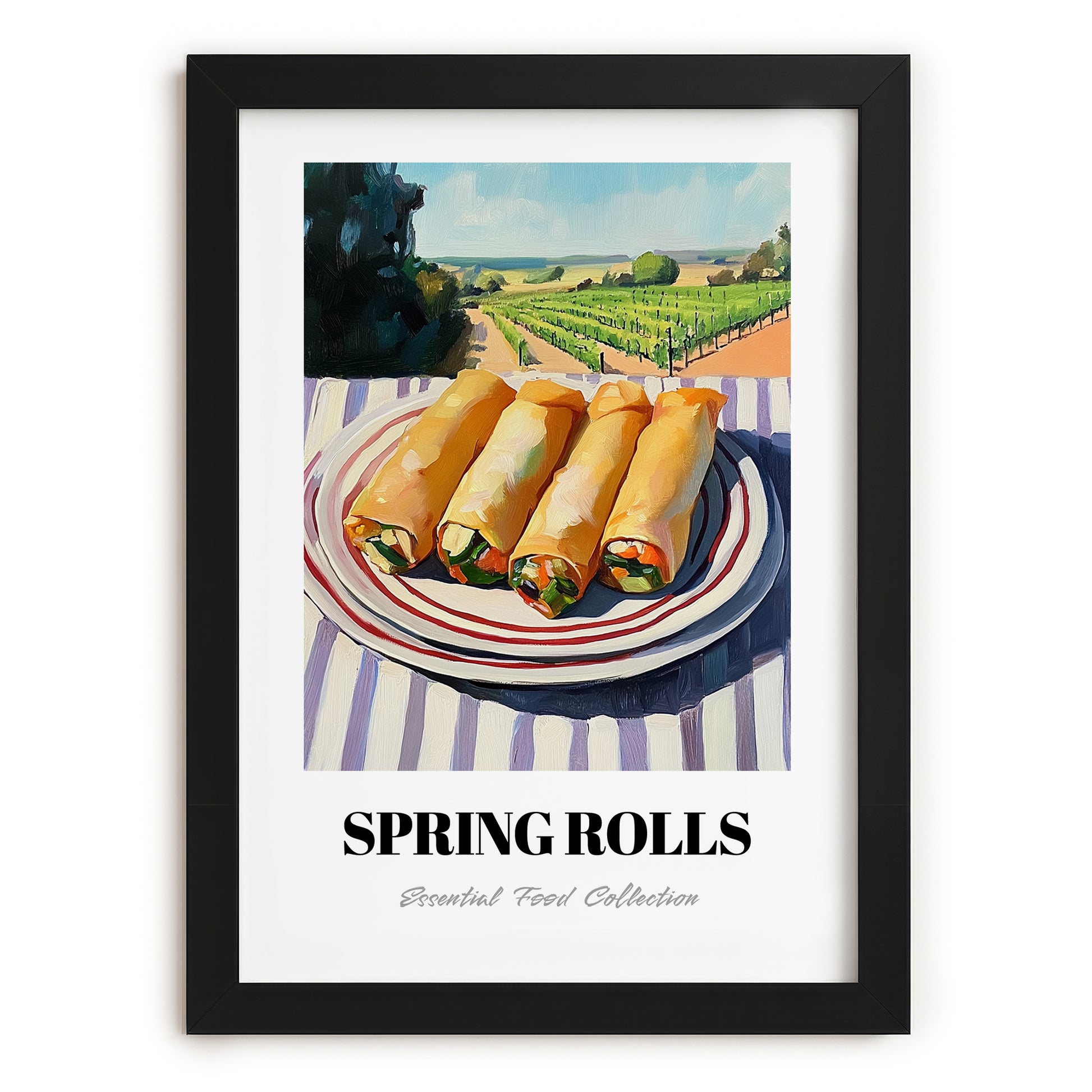 Spring Rolls – Hilltop Table Scene, Chinese Food Painting, in sleek black frame