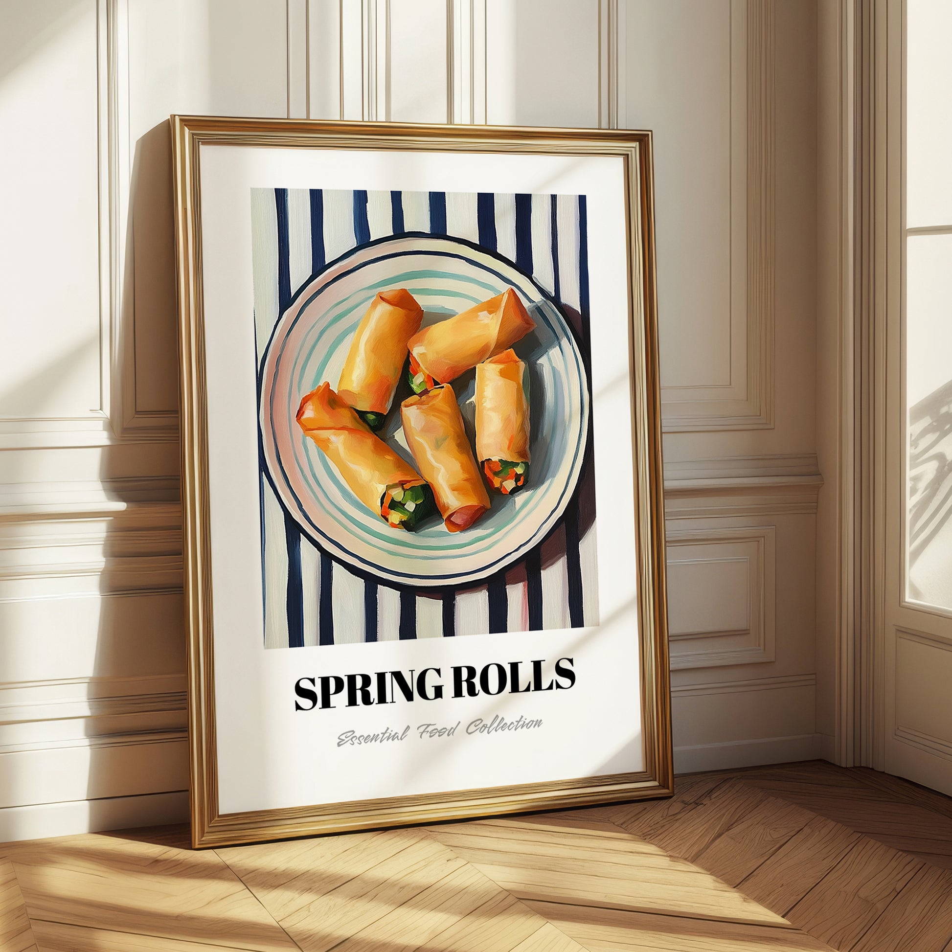 Spring Rolls – on Striped Tablecloth, Chinese Food Wall Decor