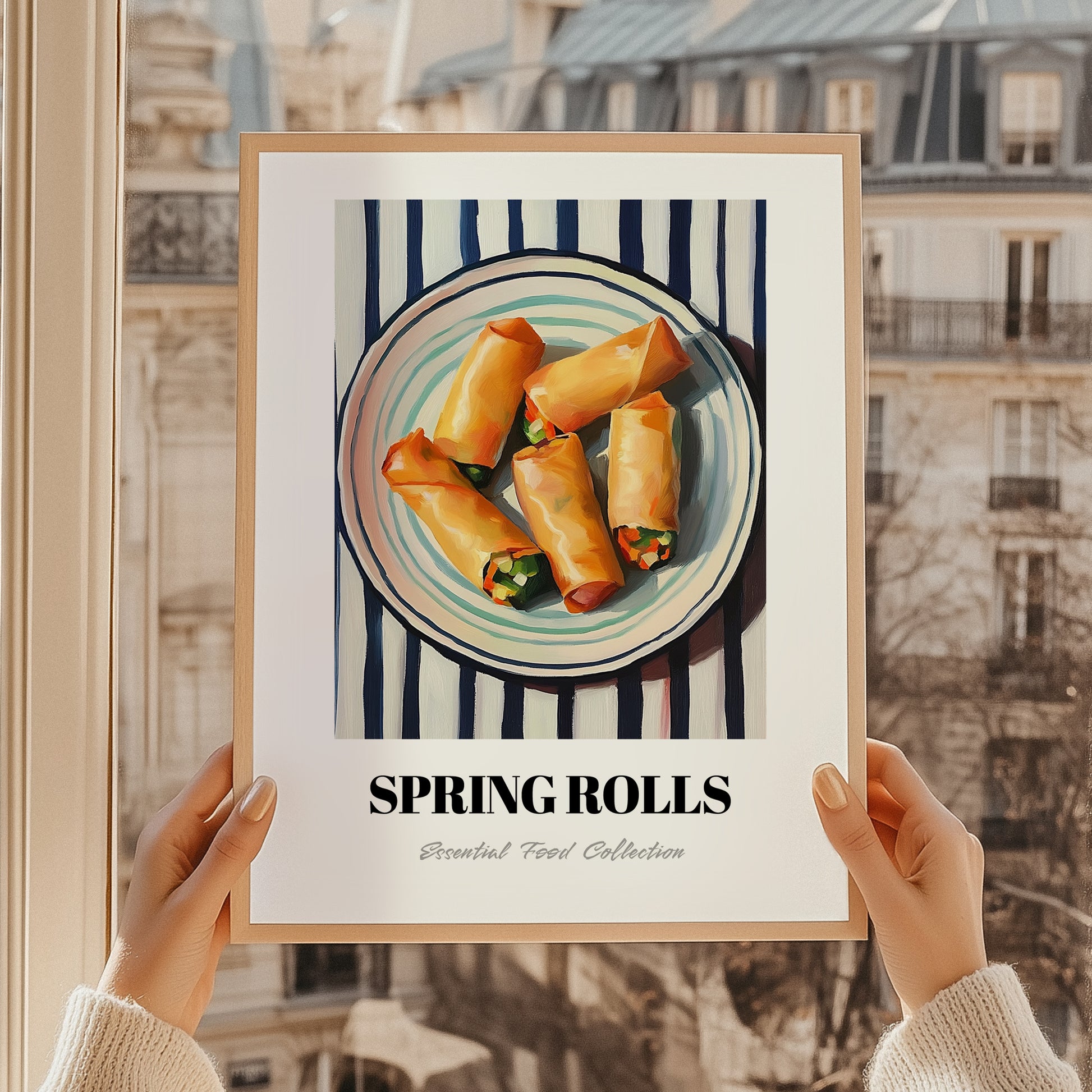 Spring Rolls – on Striped Tablecloth, Chinese Food Wall Decor, styled in a charming Paris street view