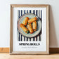 Spring Rolls – on Striped Tablecloth, Chinese Food Wall Decor, in wooden frame leaning on the floor